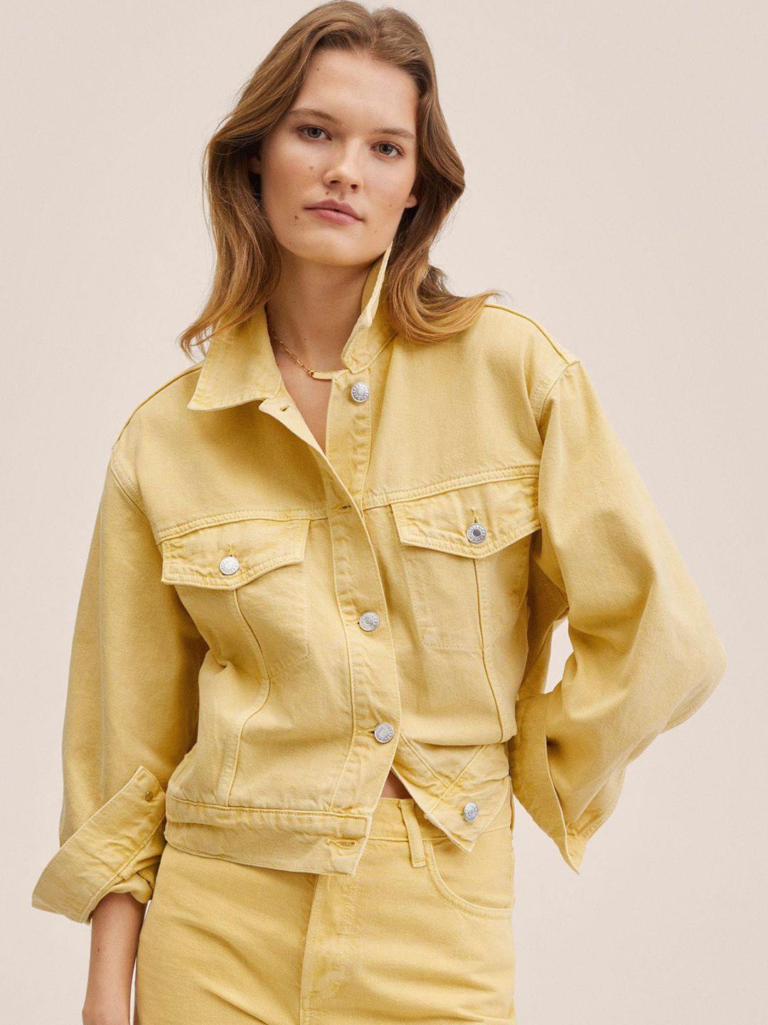 mango-women-yellow-solid-denim-jacket
