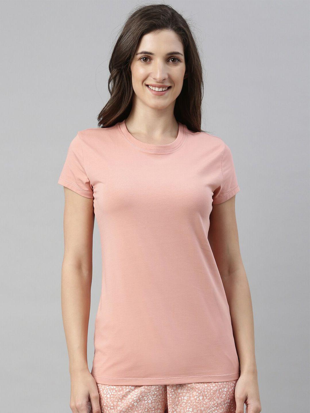 enamor-women-peach-solid-slim-fit-cotton-t-shirt