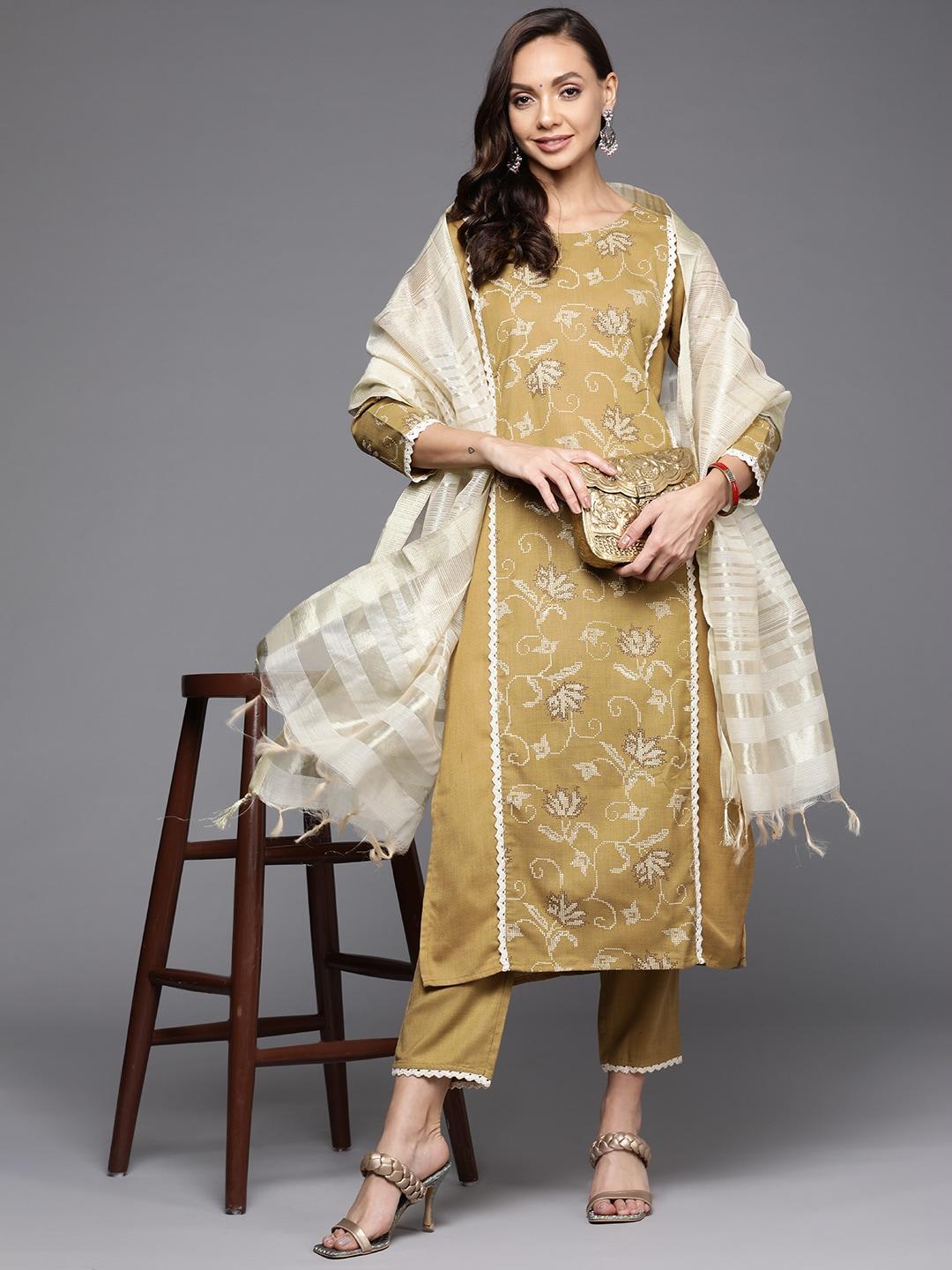 indo-era-women-mustard-yellow-ethnic-motifs-printed-kurta-with-trousers-&-with-dupatta