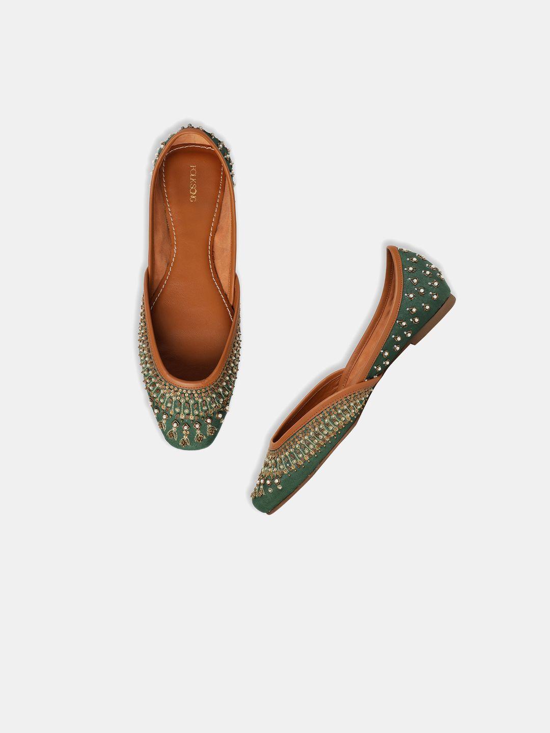 w-the-folksong-collection-women-green-&-gold-embellished-ethnic-mojaris-flats