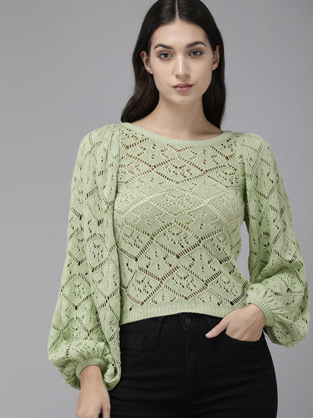 the-roadster-life-co.-women-light-green-geometric-pattern-pure-cotton-open-knitted-top