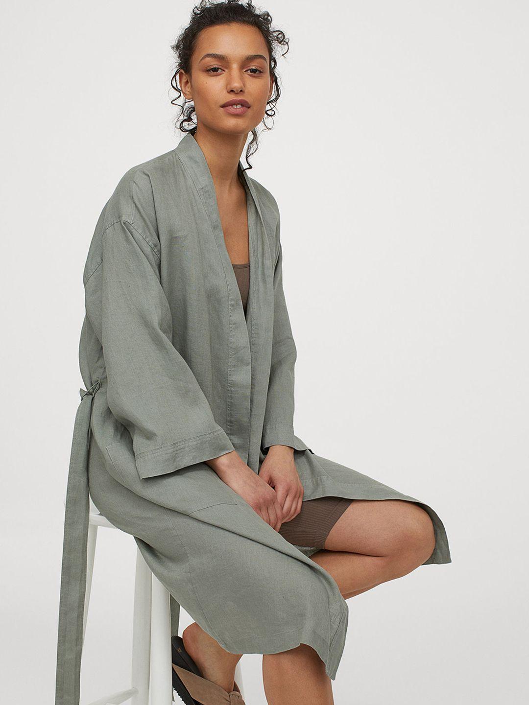 h&m-women-green-solid-washed-linen-dressing-gown
