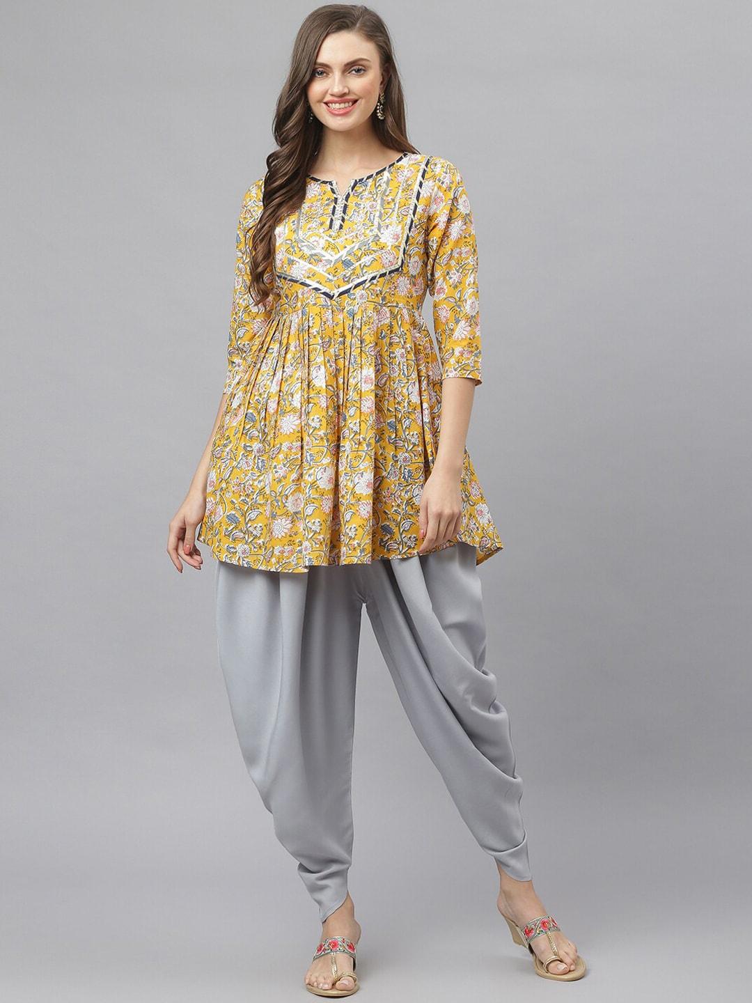 stylum-women-mustard-yellow-&-grey-ethnic-motifs-printed-pure-cotton-kurti-with-dhoti-pant