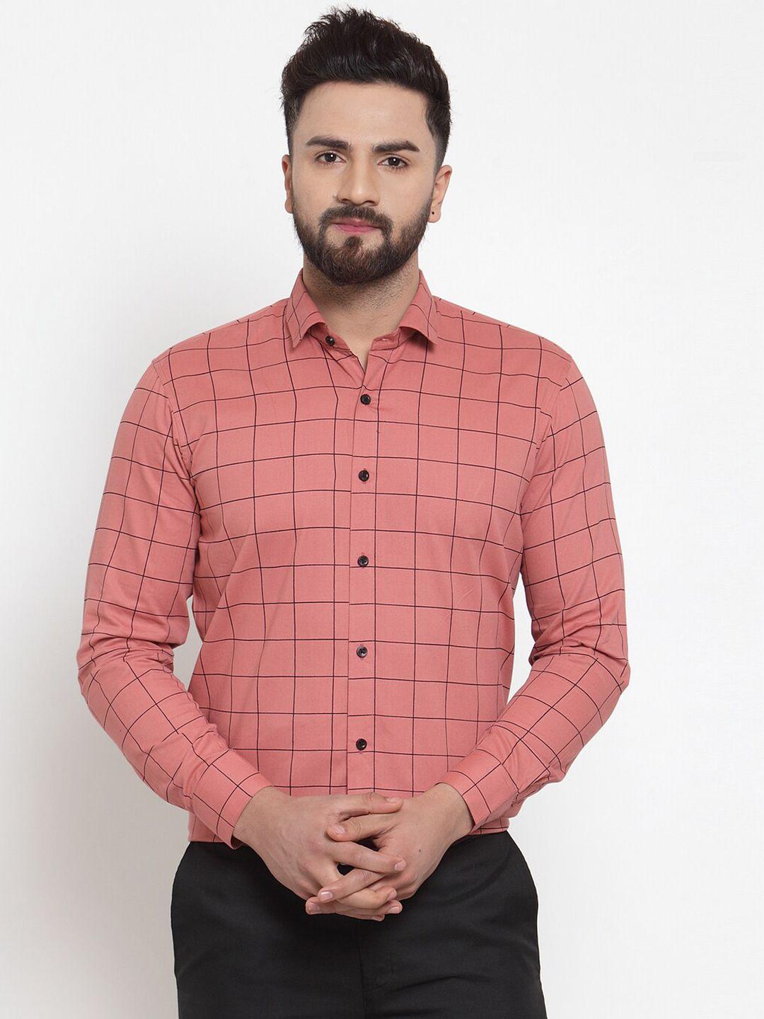 jainish-men-peach-coloured-classic-windowpane-checked-cotton-formal-shirt