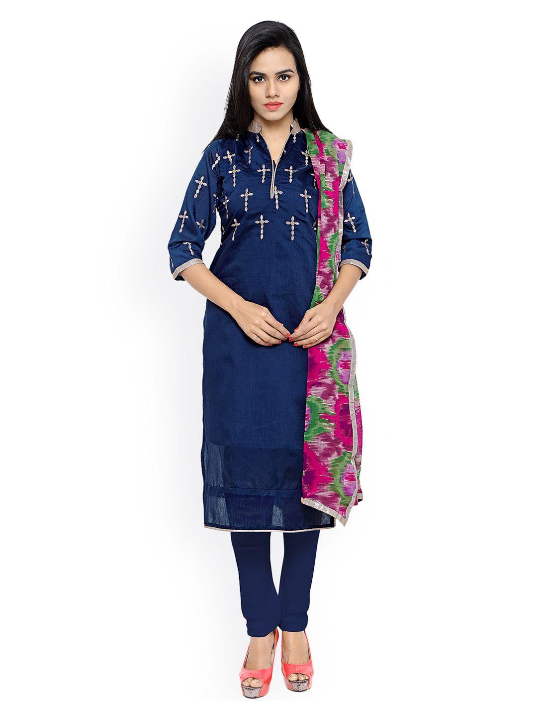 saree-mall-navy-&-pink-embroidered-chanderi-cotton-unstitched-dress-material
