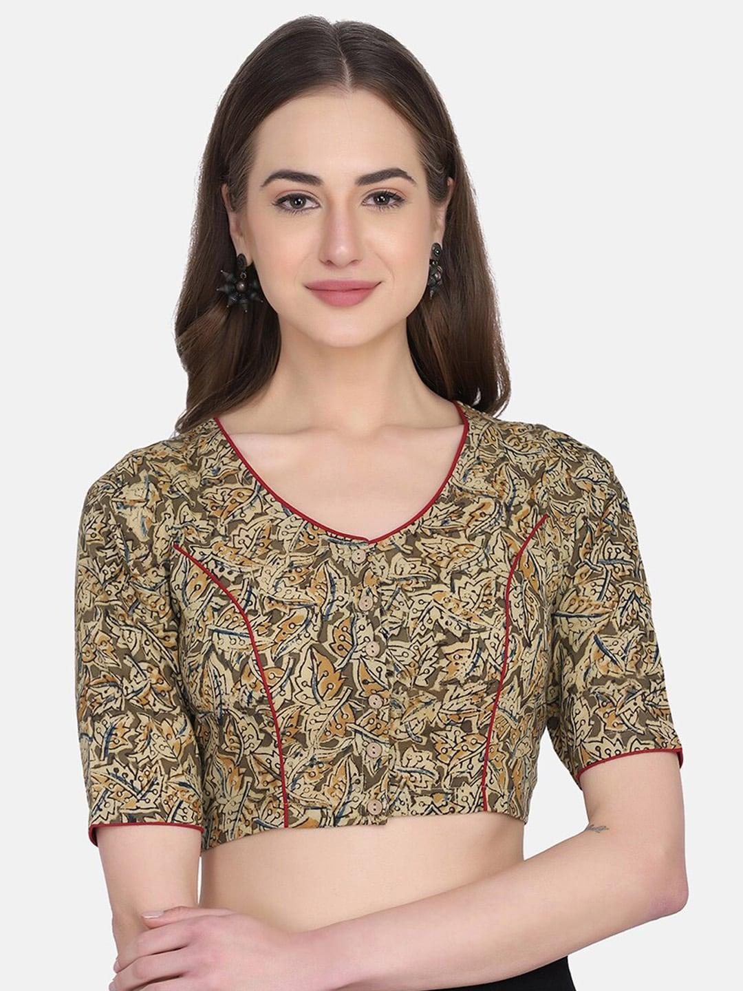 the-weave-traveller-brown-&-green-hand-block-printed-cotton-saree-blouse