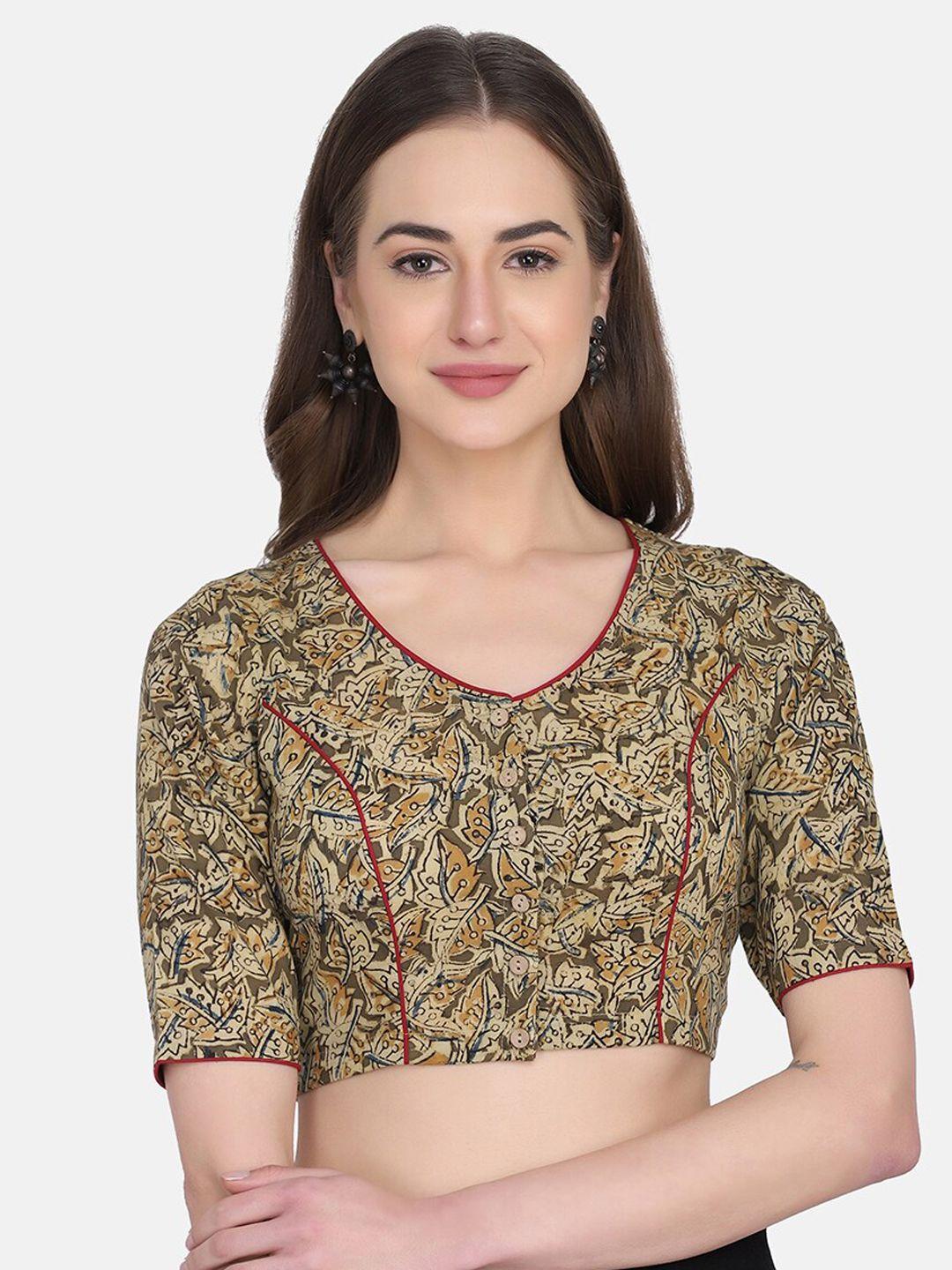 the-weave-traveller-women-brown-kalamkari-printed-cotton-saree-blouse