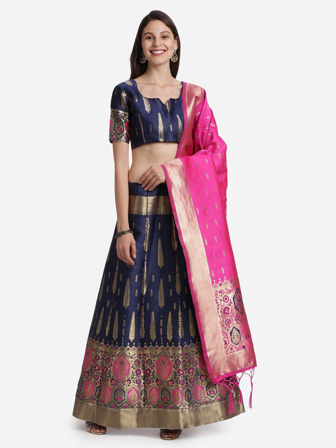 mitera-navy-blue-&-pink-kalamkari-raw-silk-semi-stitched-lehenga-choli-with-dupatta