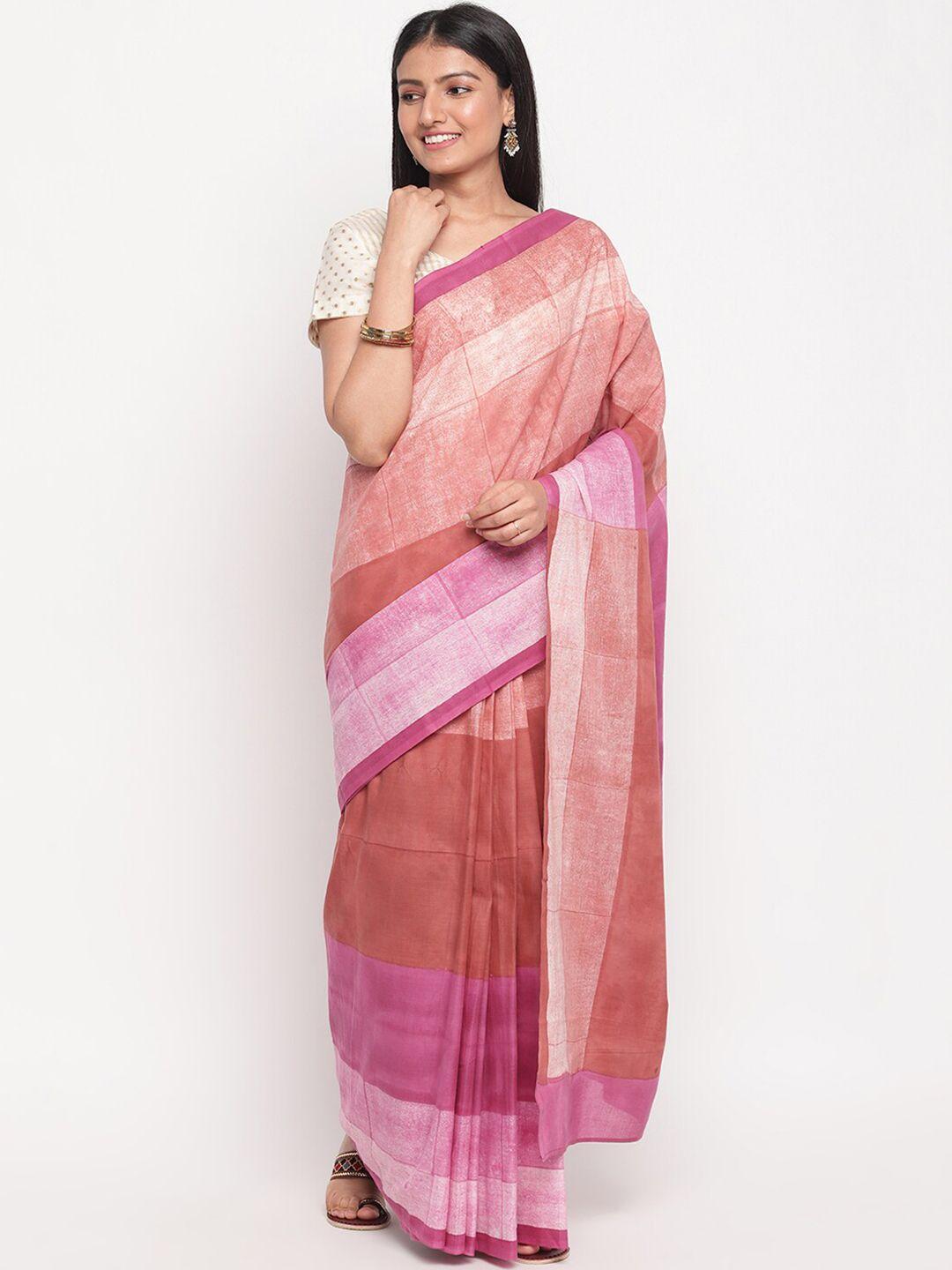 fabindia-rust-&-pink-colourblocked-pure-cotton-saree