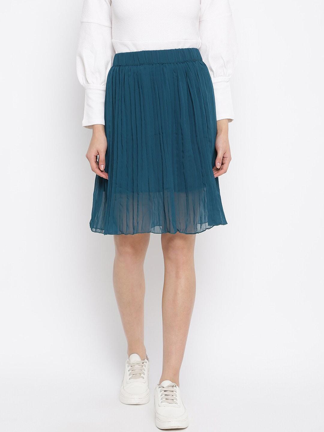 mayra-women-teal-pleated-knee-length-skirt