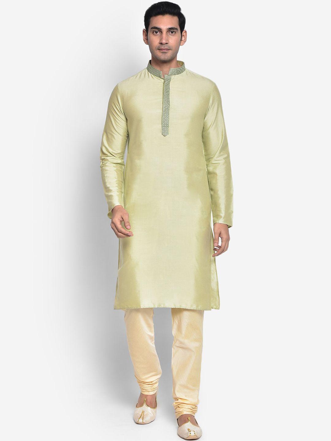 kisah-men-green-&-white-solid-mandarin-collar-cotton-straight-kurta