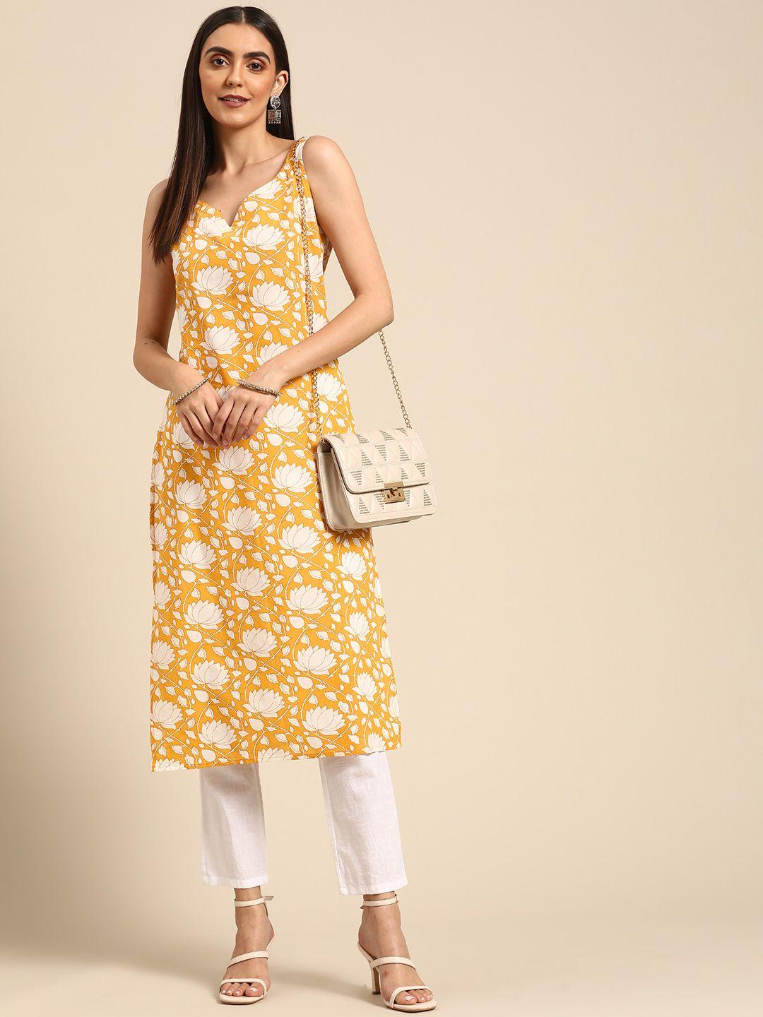 anayna-women-yellow-&-white-pure-cotton-floral-printed-floral-kurta