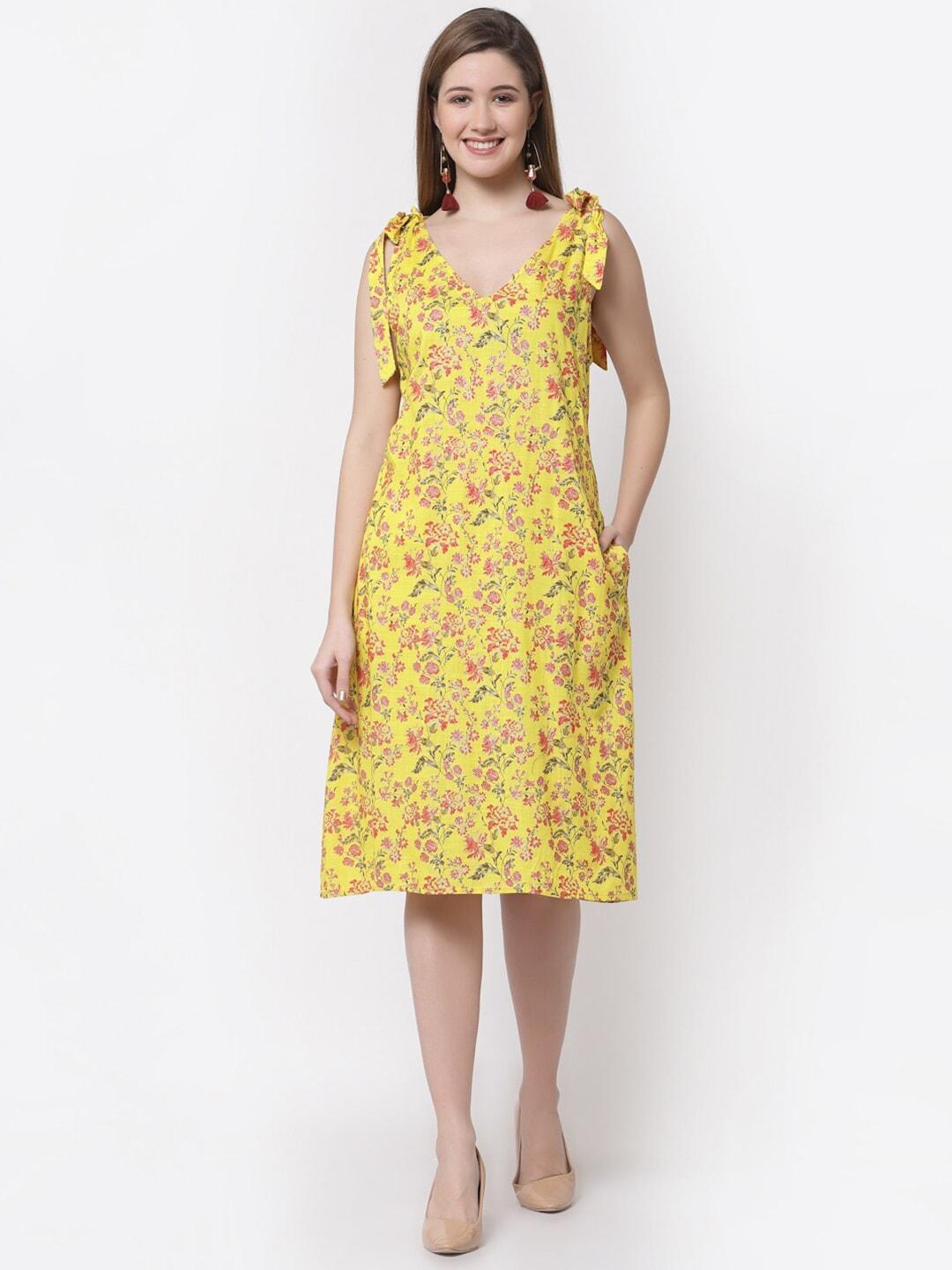 myshka-women-yellow-floral-a-line--cotton-dress
