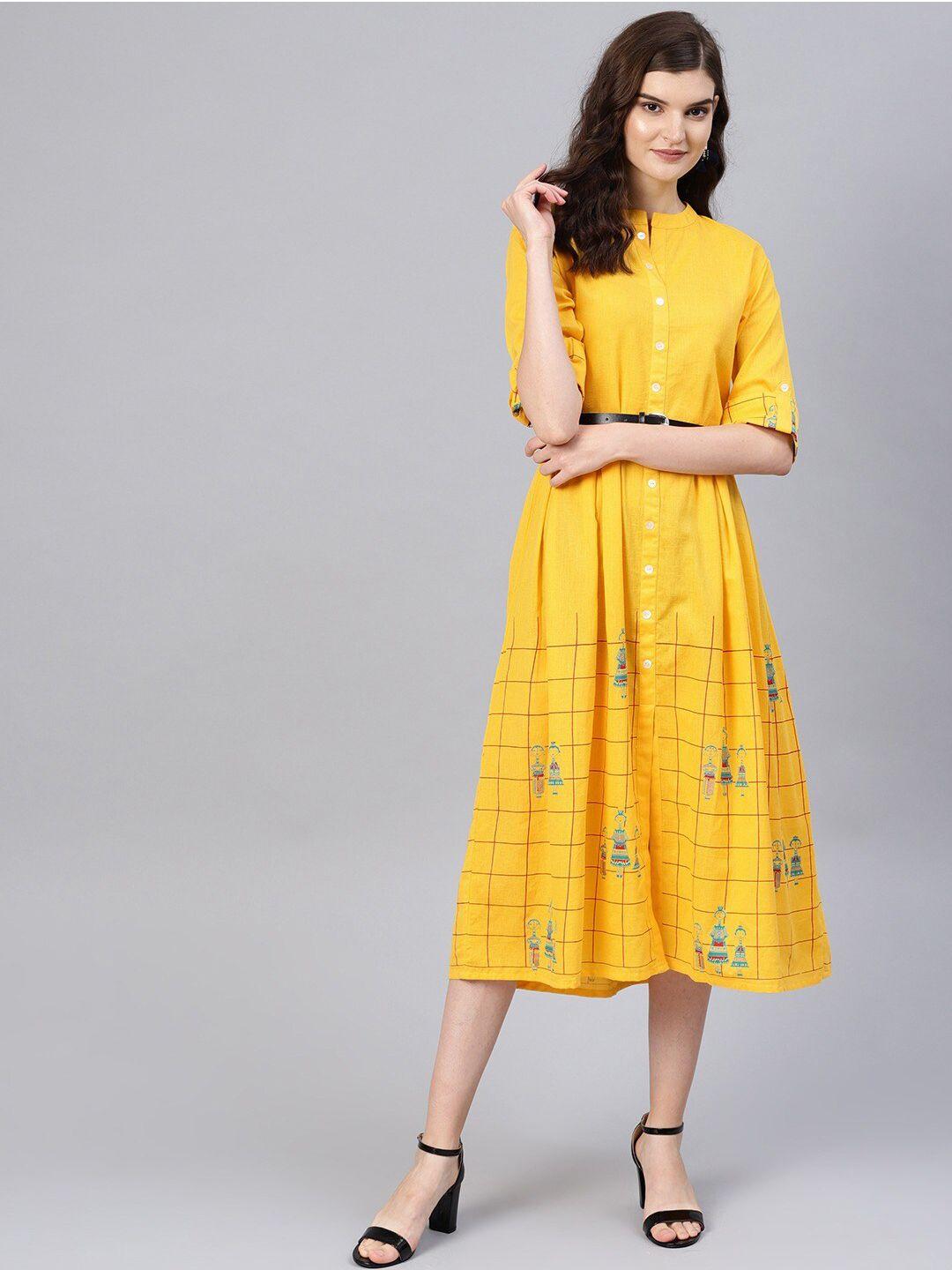 tulsattva-yellow-checked-a-line-midi-dress