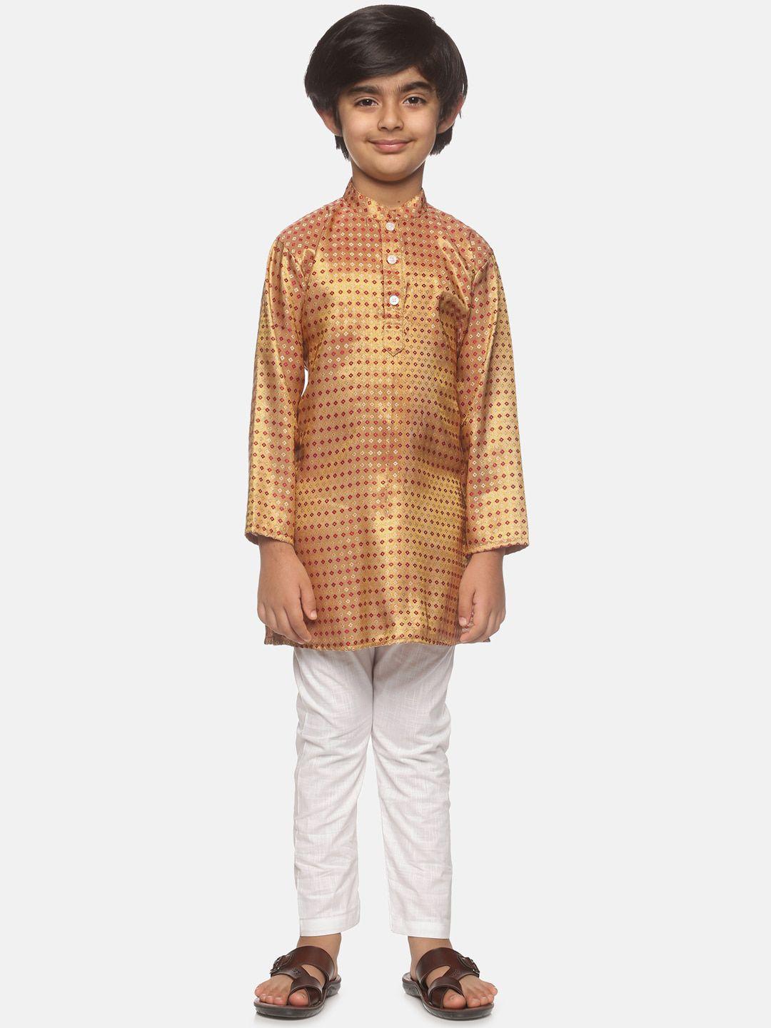 sethukrishna-boys-gold-toned-&-red-printed-kurta-with-pyjamas