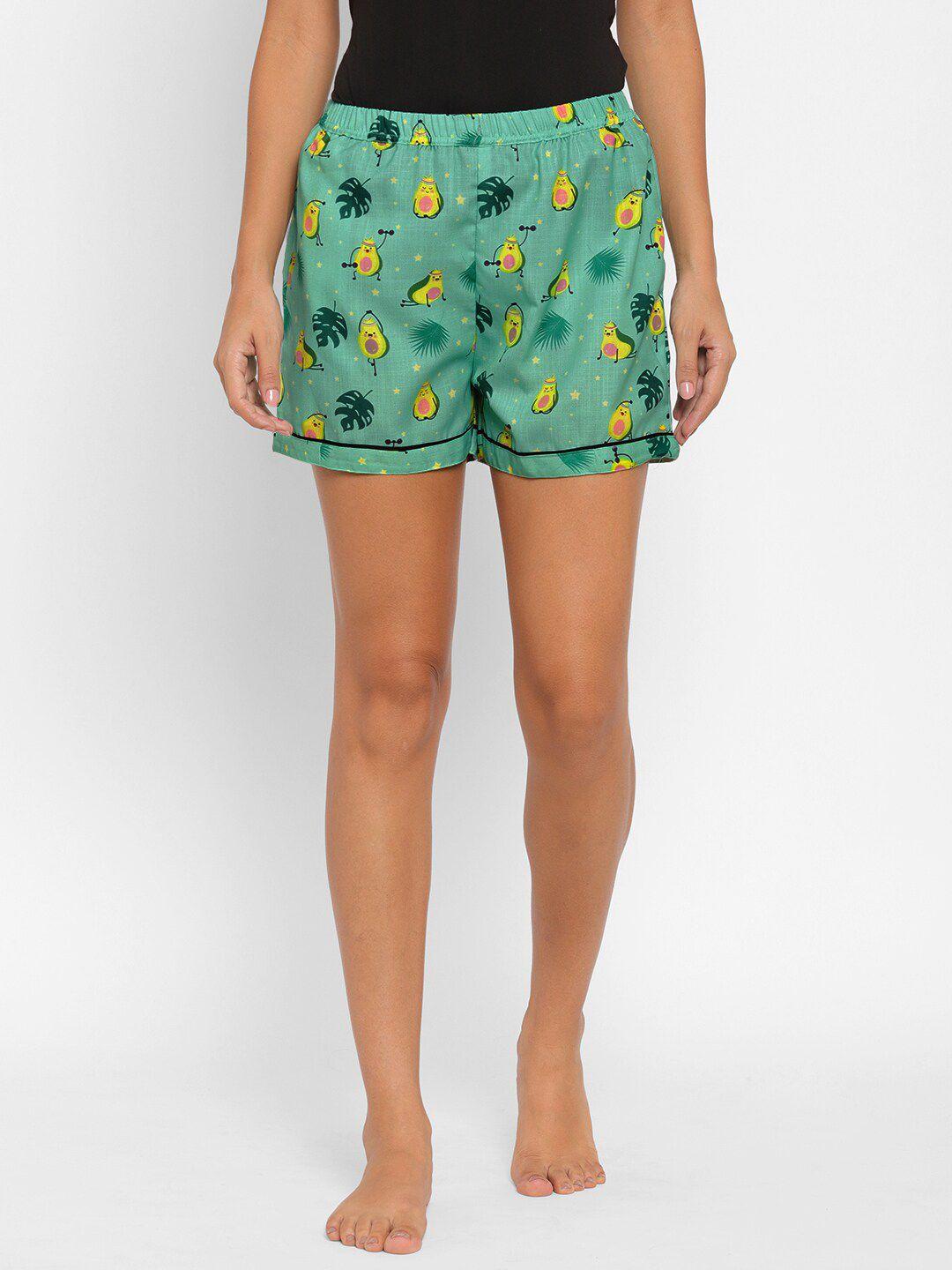 noira-women-green-&-yellow-conversational-printed-cotton-lounge-shorts