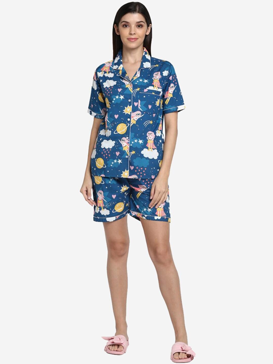 shopbloom-women-blue-&-mustard-printed-night-suit