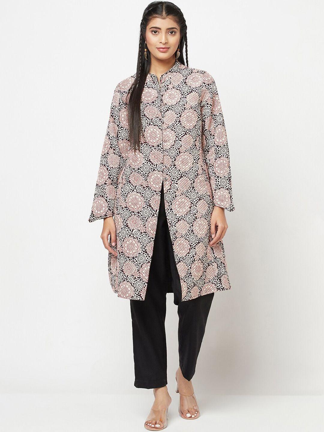 fabindia-women-black-&-beige-floral-longline-cotton-tailored-jacket