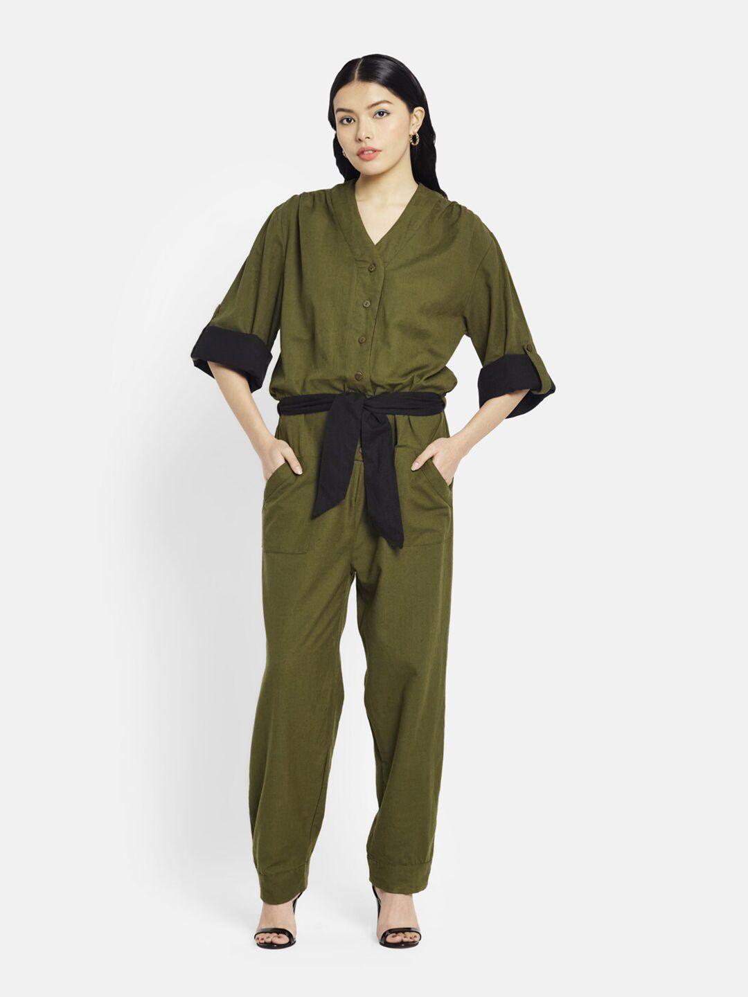 fabindia-olive-green-cotton-basic-jumpsuit