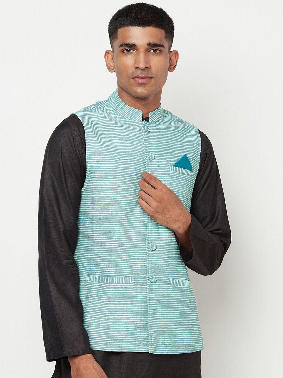 fabindia-men-turquoise-blue-striped-nehru-jacket