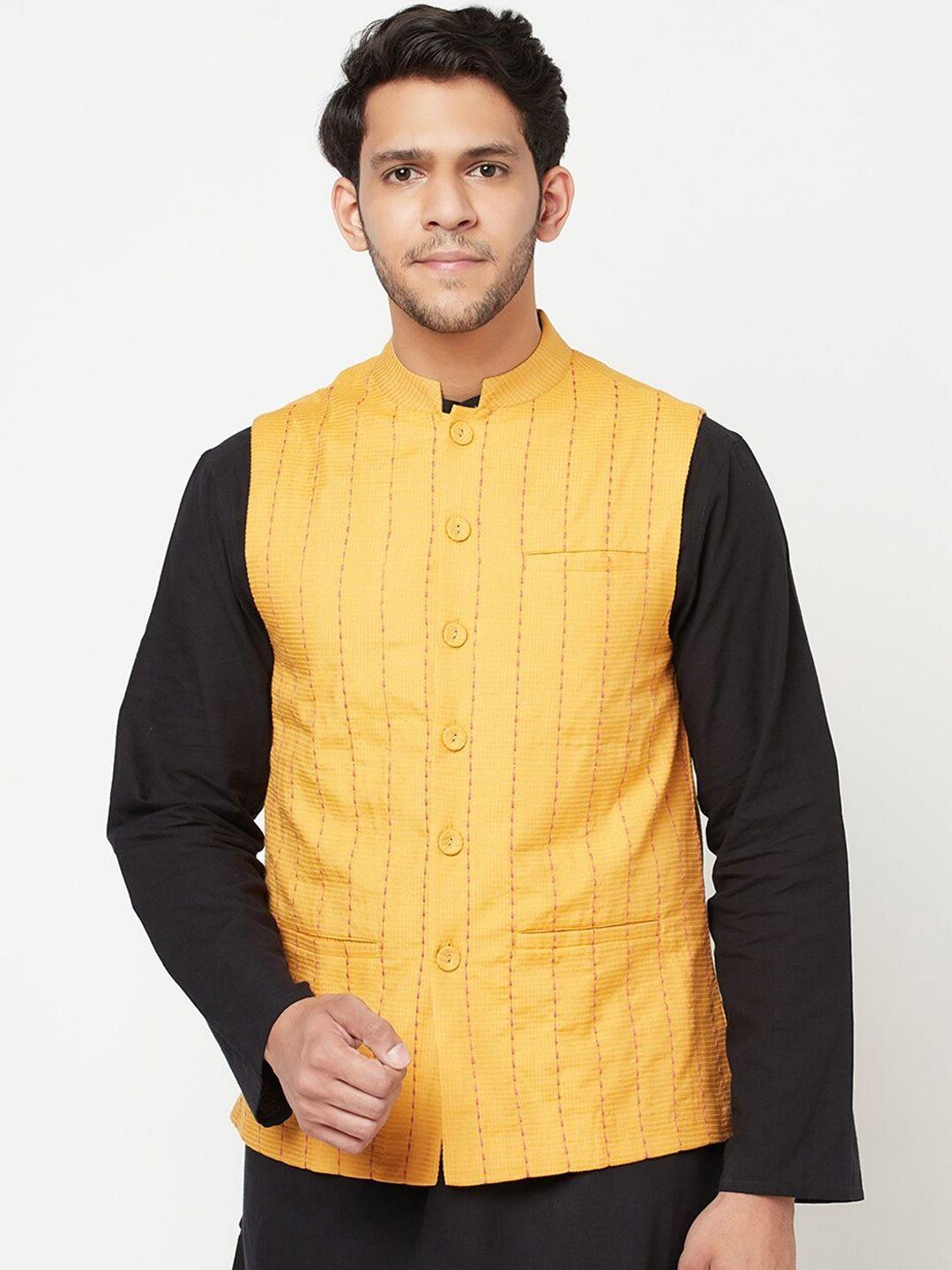 fabindia-men-yellow-striped-dobby-woven-nehru-jacket