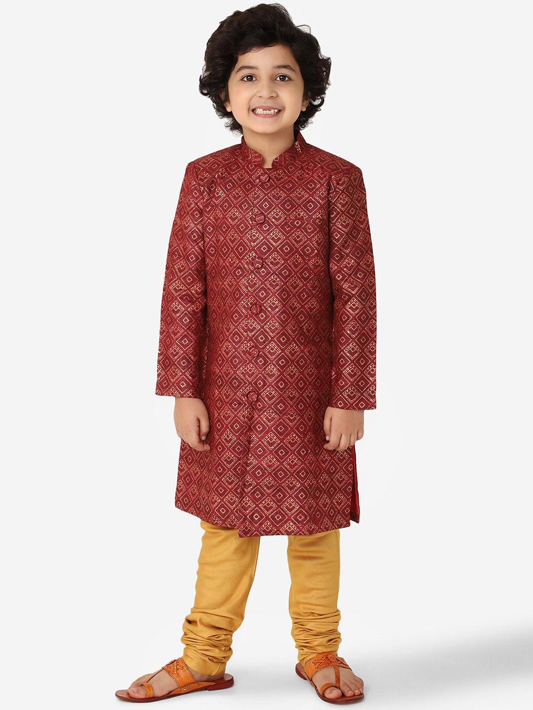 fabindia-boys-red-&-mustard-yellow-tussar-silk-printed-sherwani-set