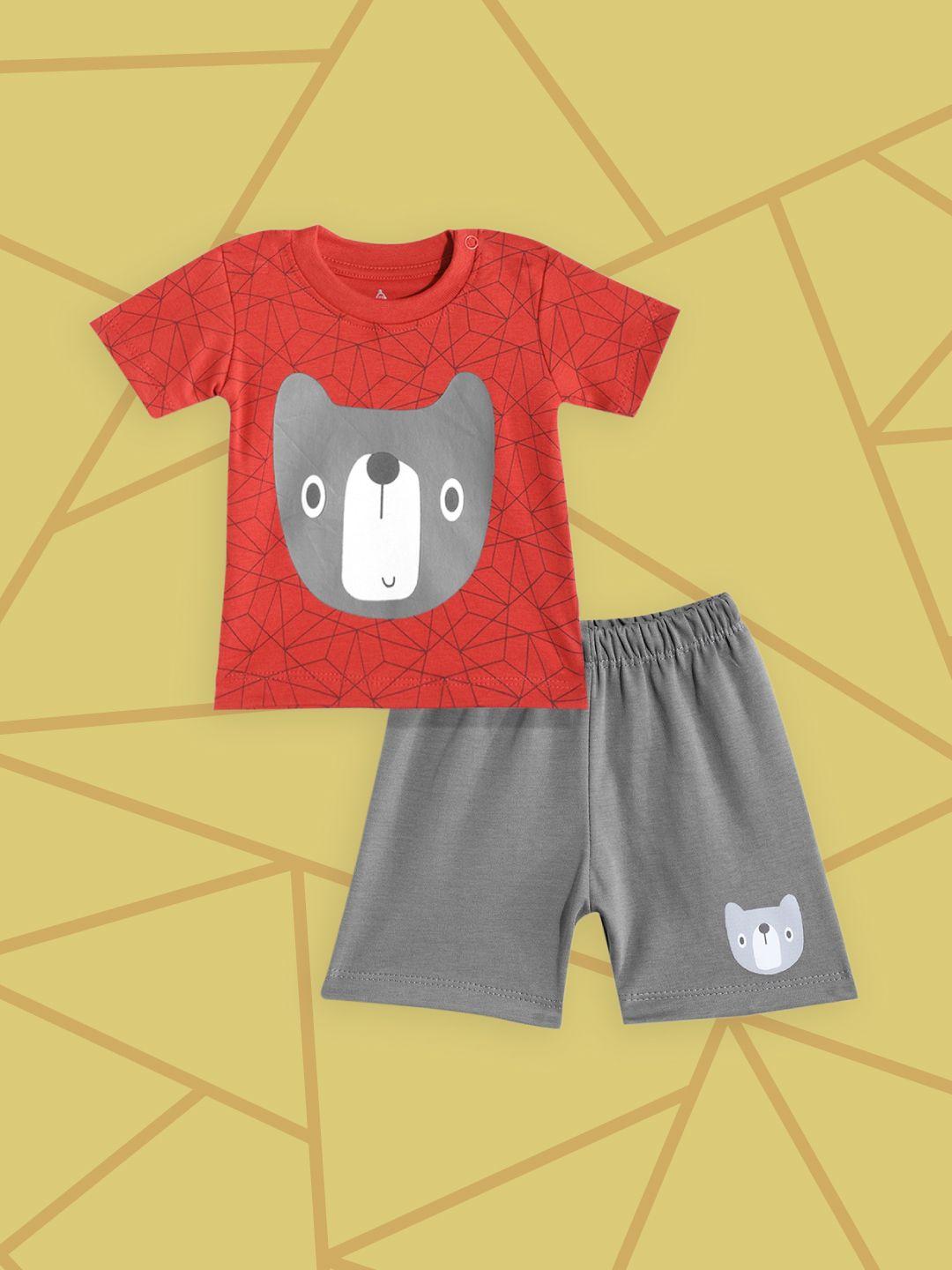 tinyo-infant-boys-maroon-&-charcoal-grey-pure-cotton-printed-t-shirt-with-shorts