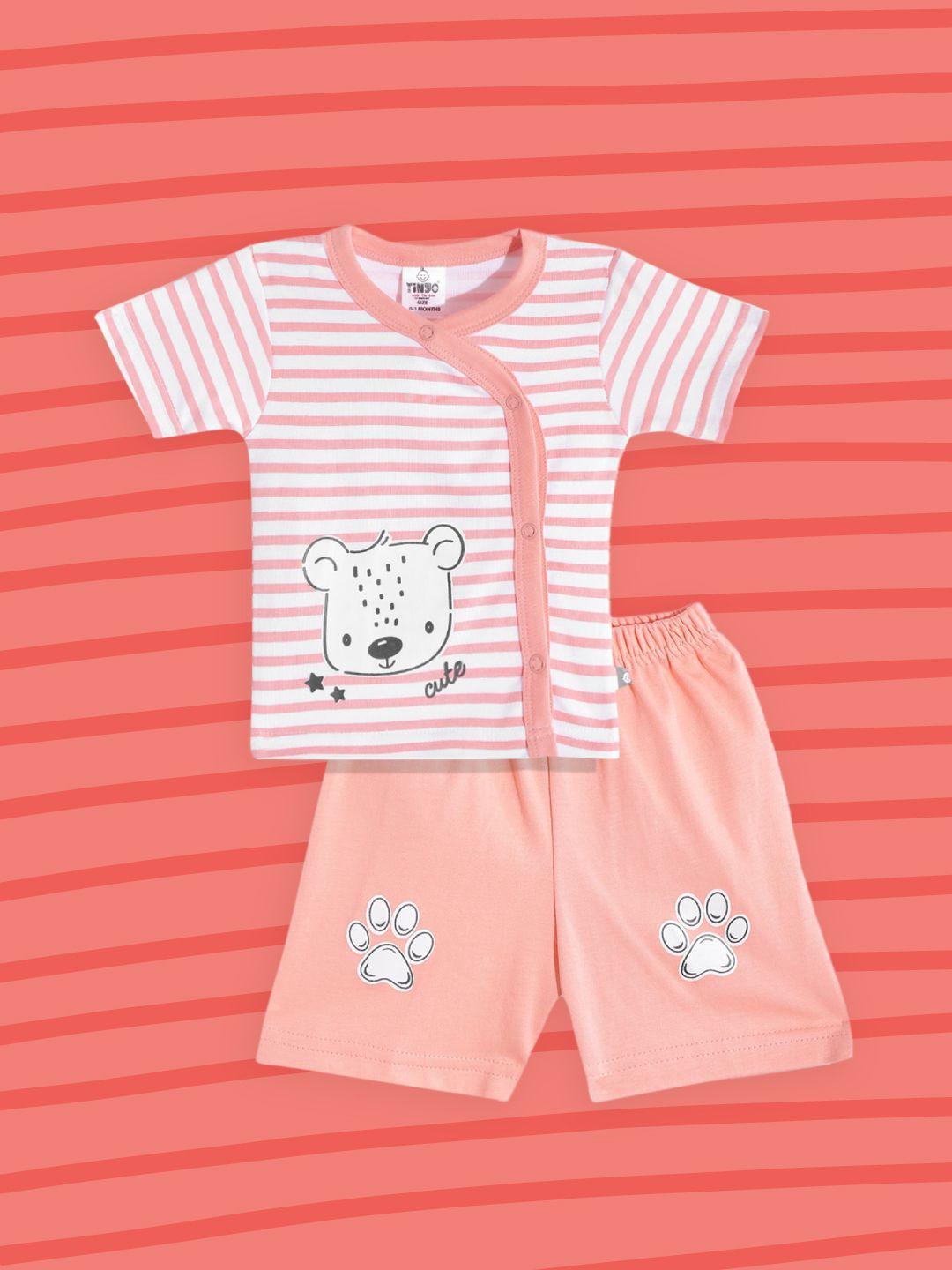 tinyo-unisex-kids-peach-coloured-&-white-pure-cotton-graphic-print-t-shirt-with-shorts