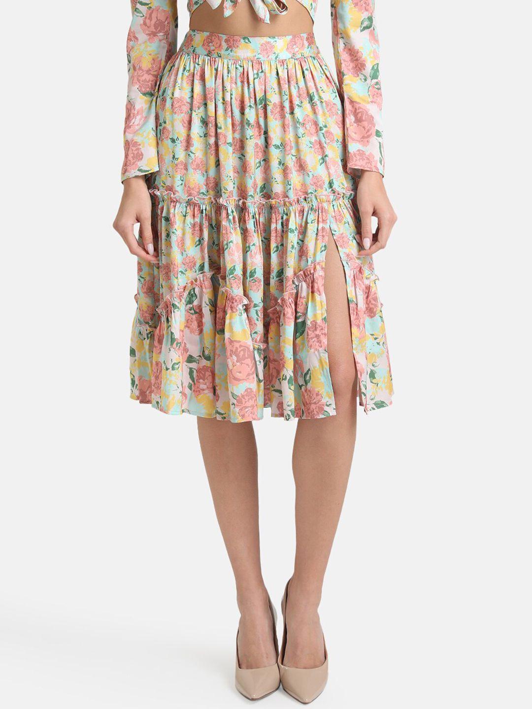 kazo-women-yellow-&-pink-tiered-floral-printed-skirt