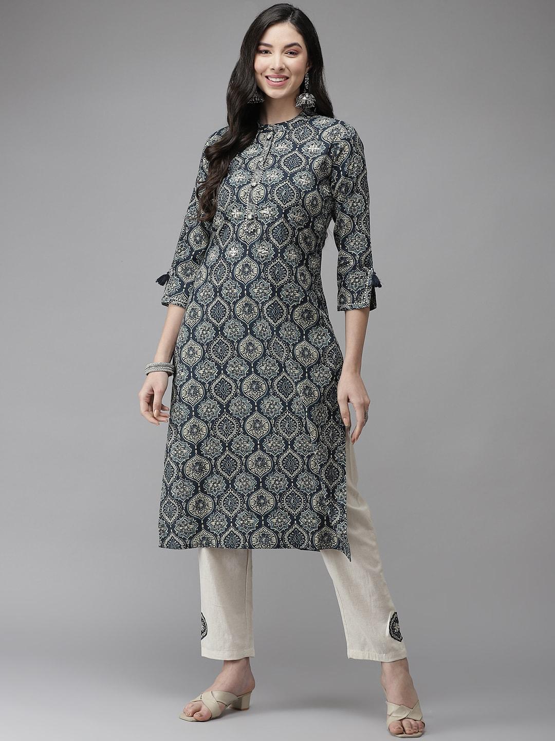 cayman-women-navy-blue-ethnic-motifs-printed-pure-cotton-kurta-with-trousers
