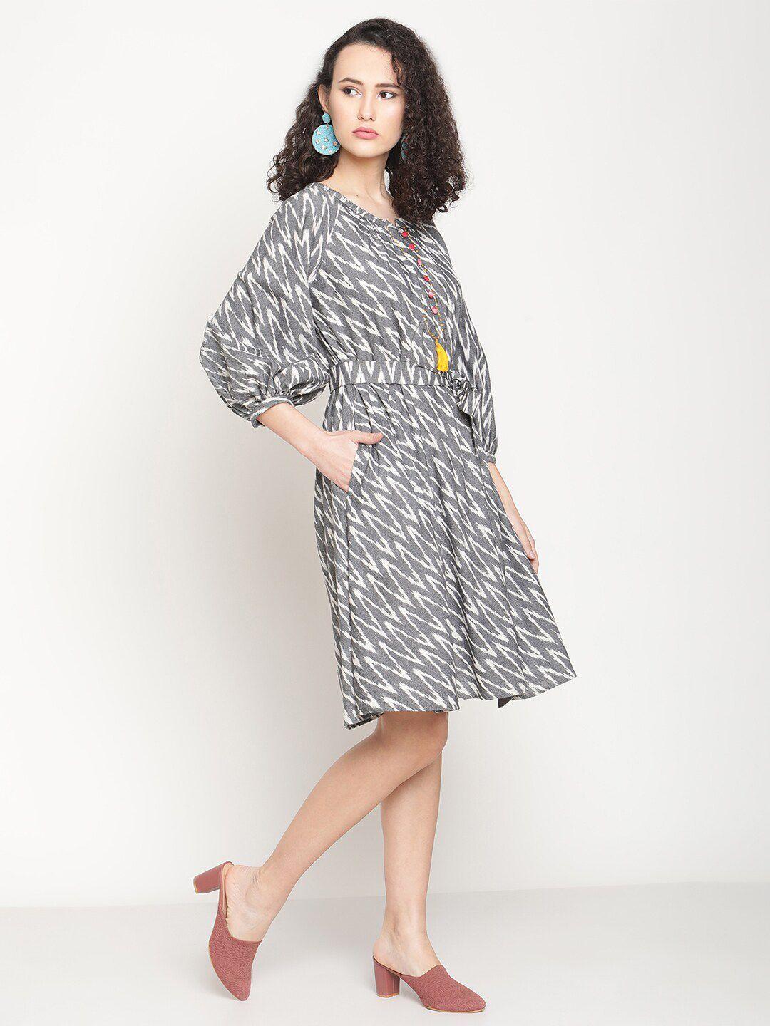 abhishti-women-grey-&-white-ikat-cotton-dress-with-waist-belt
