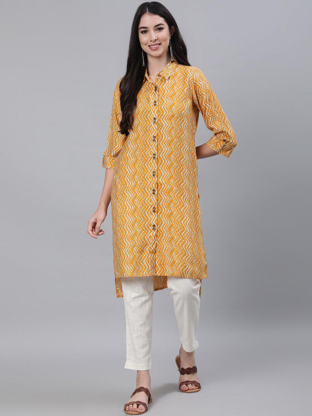 jaipur-kurti-women-mustard-yellow-geometric-printed-chanderi-silk-pathani-kurta