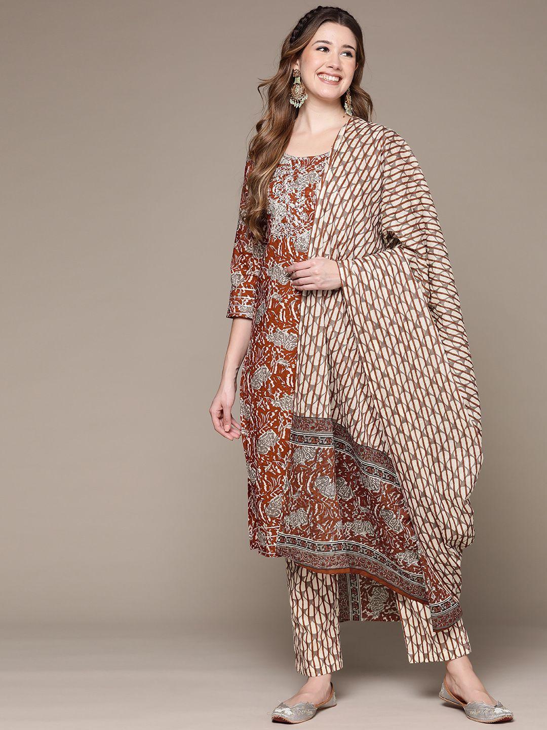 anubhutee-women-rust-red-embroidered-pure-cotton-kurta-with-trousers-&-dupatta