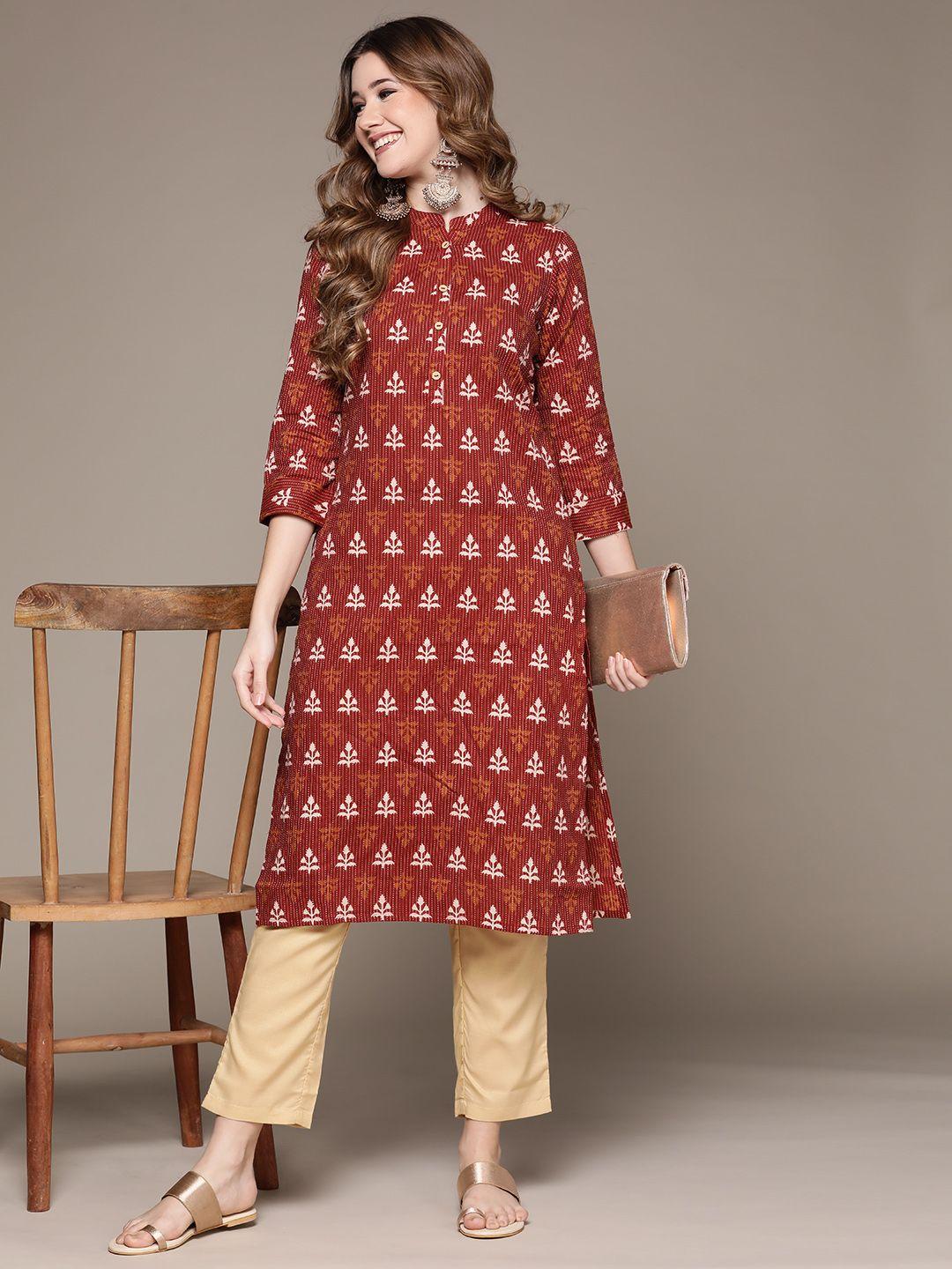 anubhutee-women-rust-red-ethnic-motifs-printed-pure-cotton-kurta-with-trousers