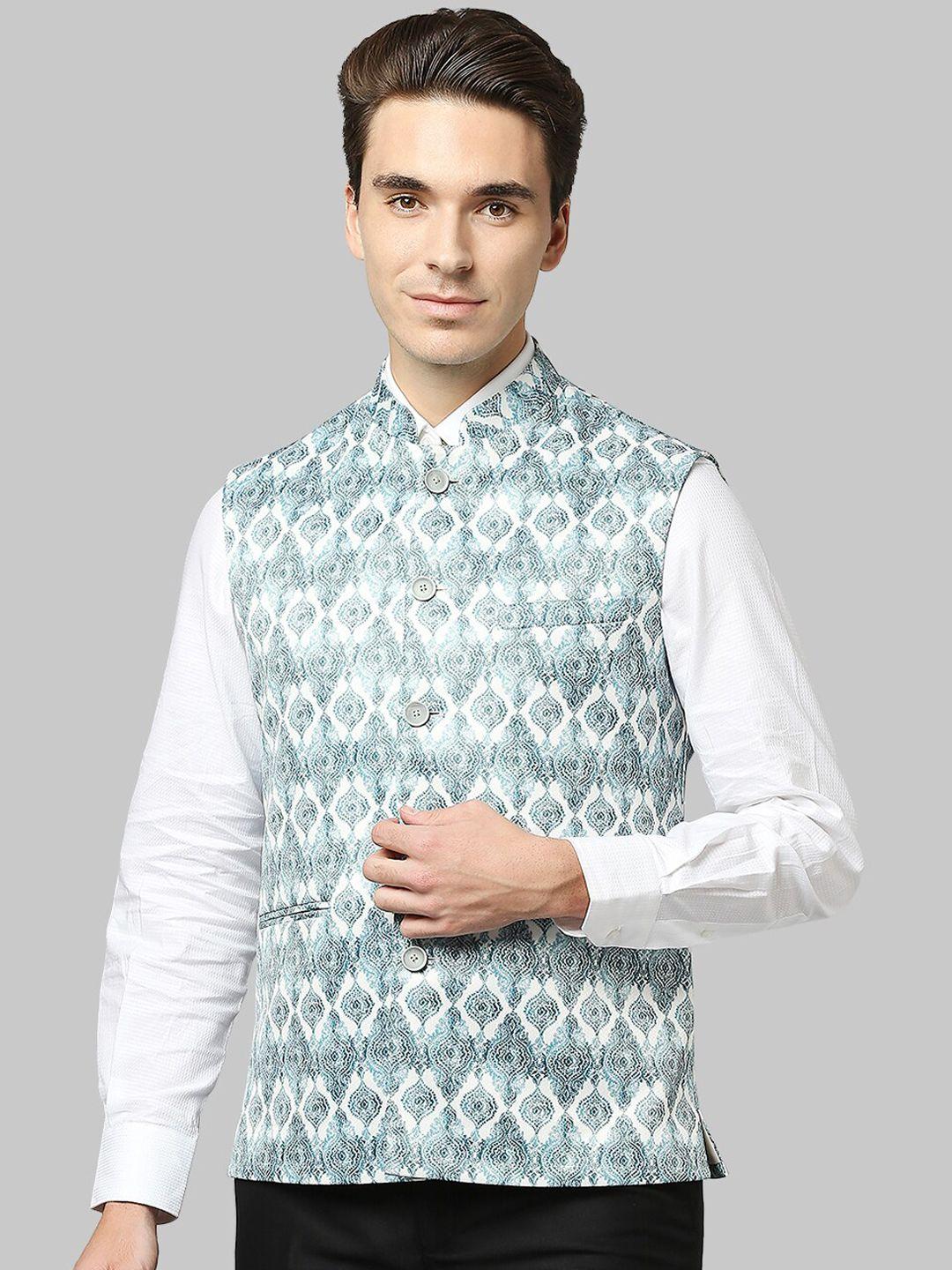 raymond-men-green-&-white-printed-woven-nehru-jacket