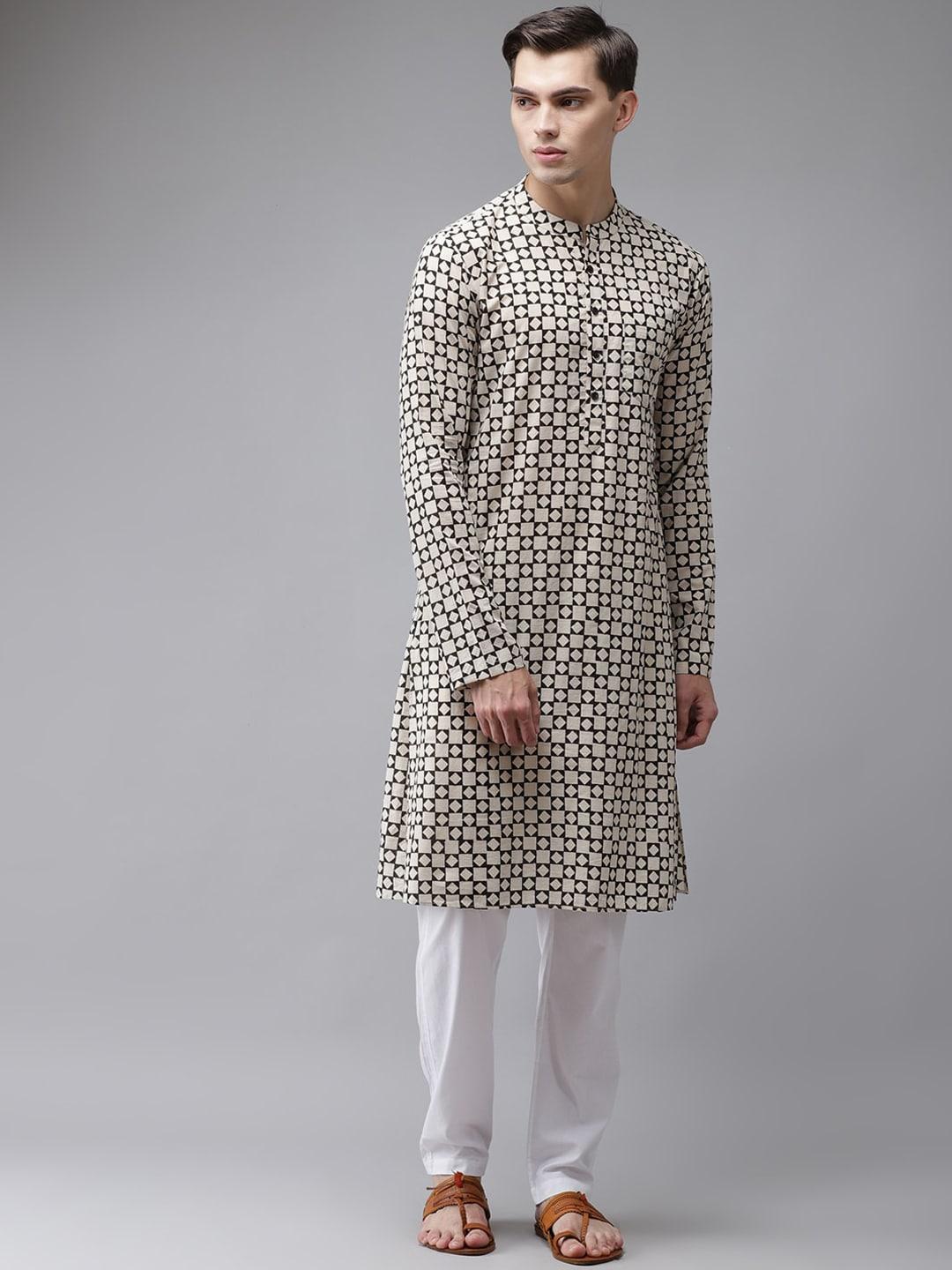 see-designs-men-beige-&-white-cotton-printed-kurta