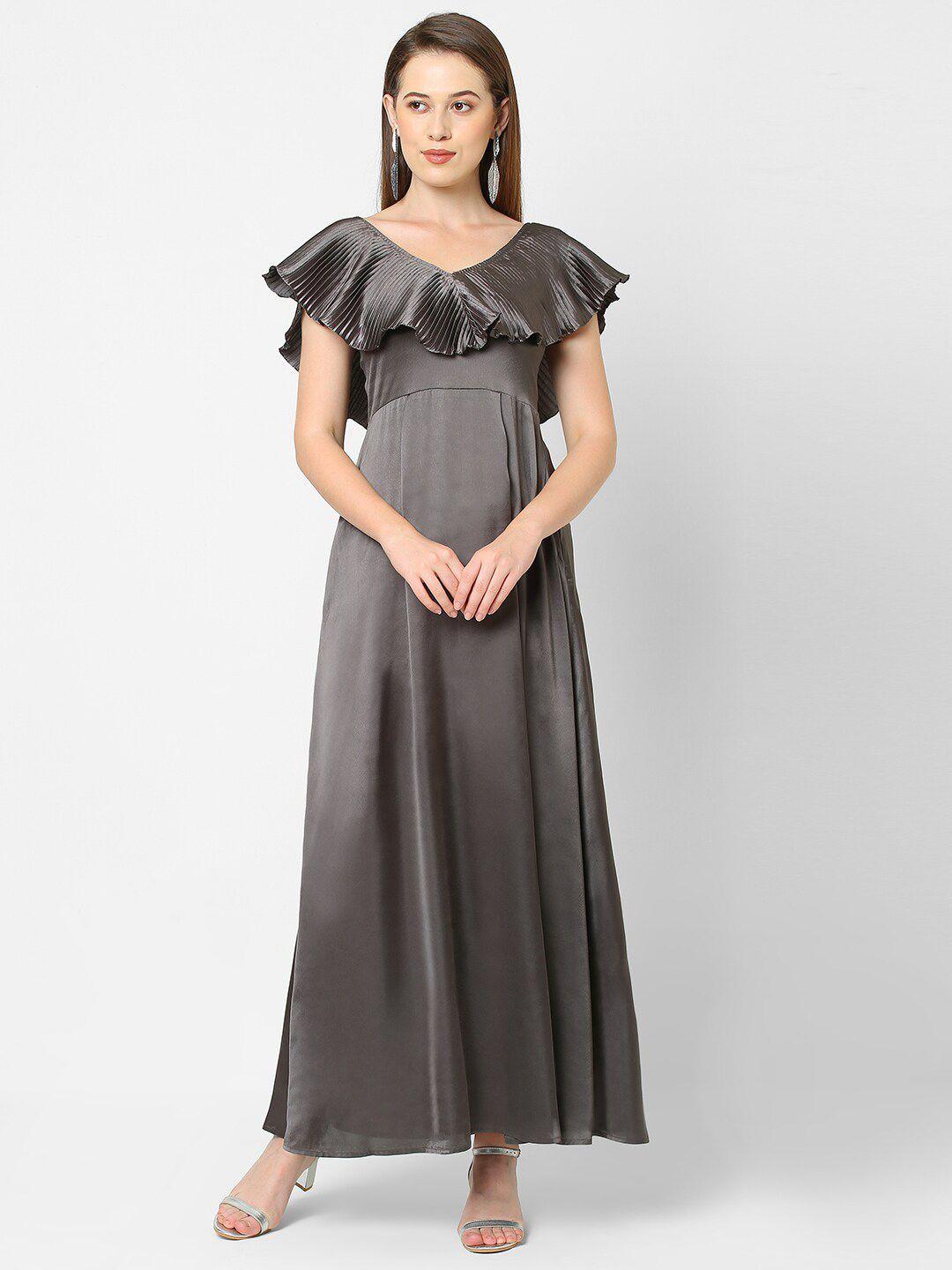 mish-charcoal-grey-accordion-pleated-cape-sleeves-satin-maxi-dress