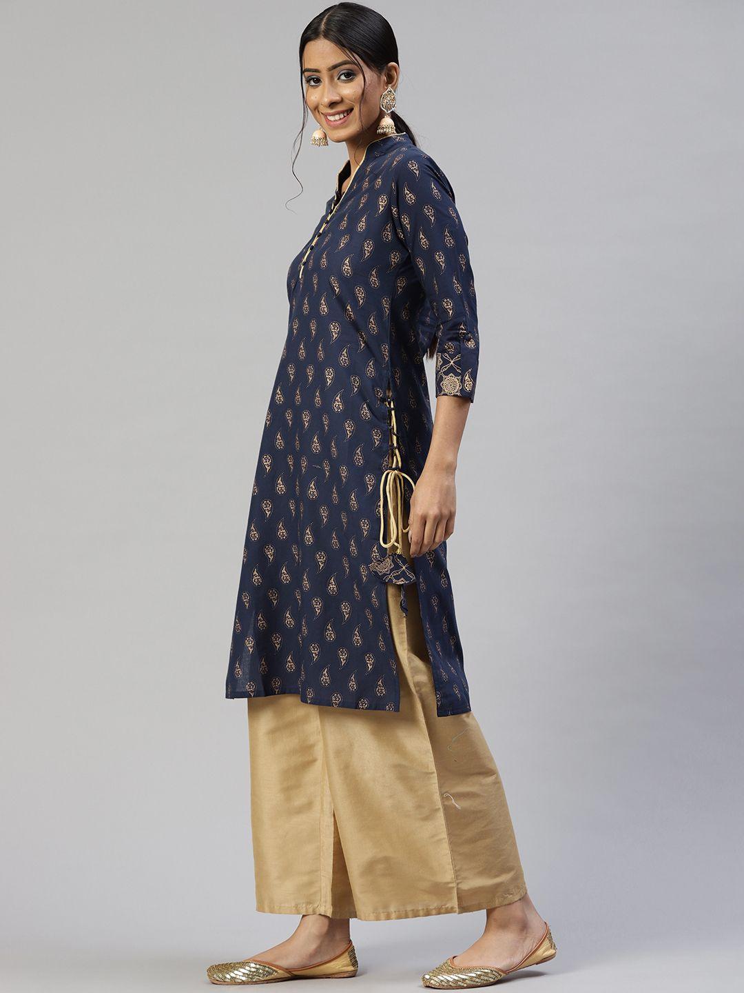 svarchi-women-navy-blue-&-golden-cotton-ethnic-motifs-printed-straight-kurta