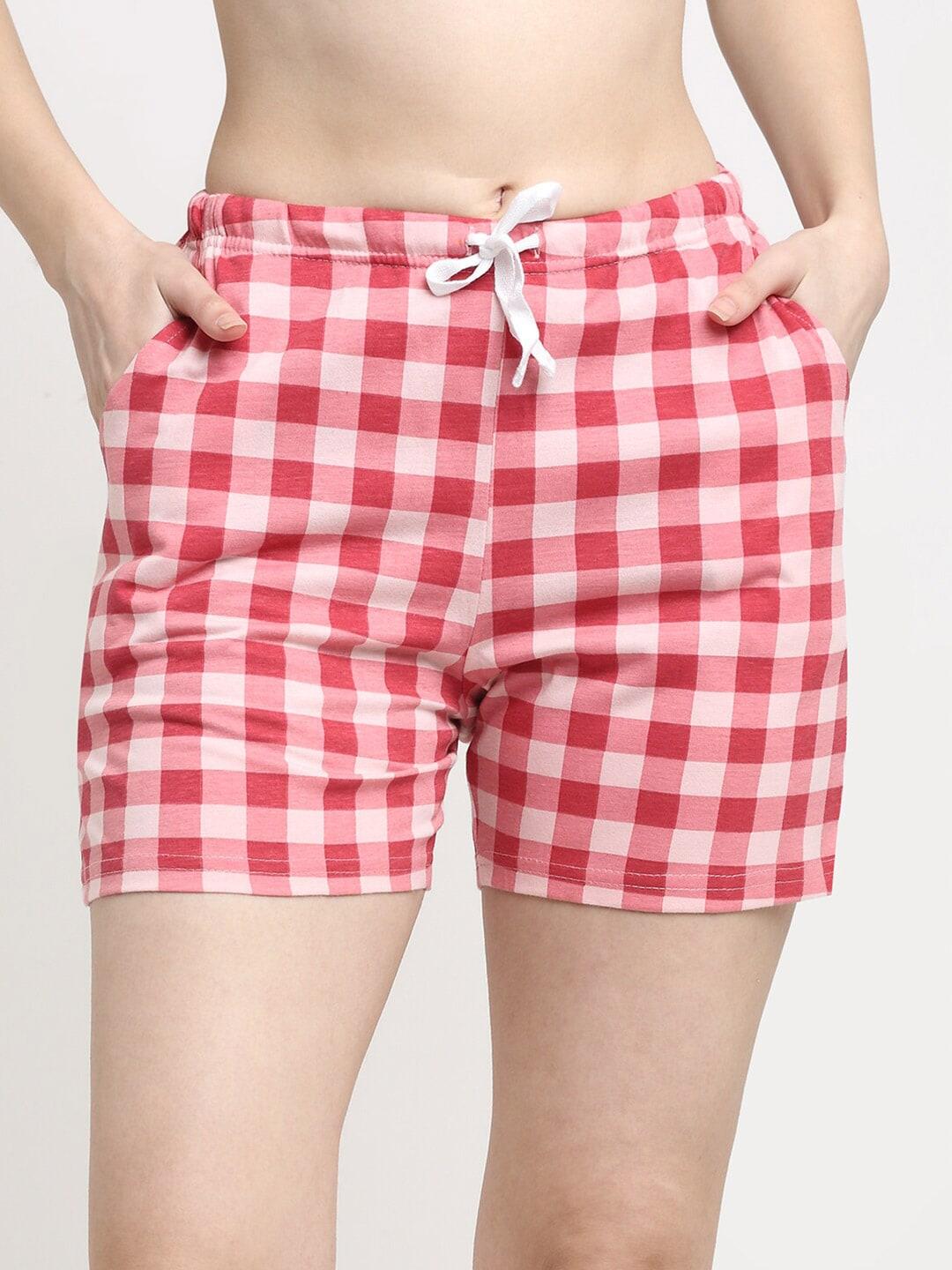 kanvin-women-red-&-white-checked-pure-cotton-lounge-shorts
