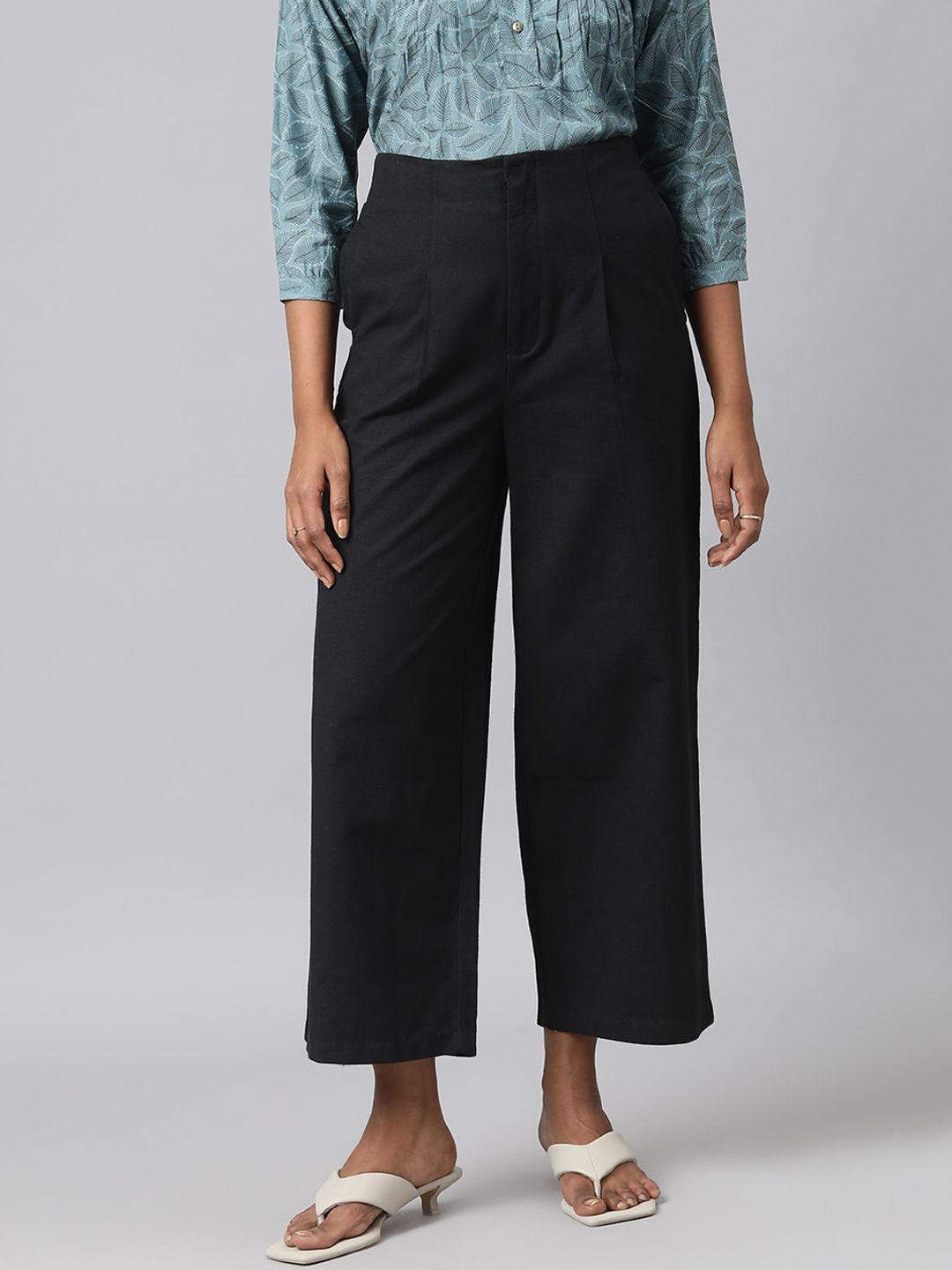 fabindia-women-black-slim-fit-pleated-cotton-linen-parallel-trousers