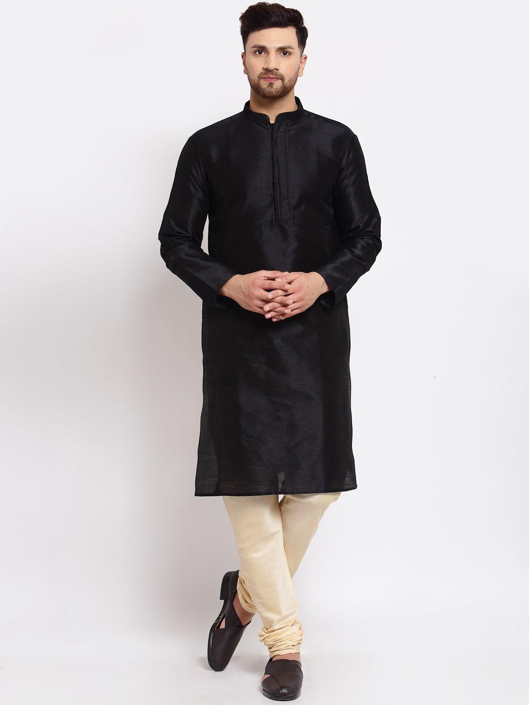 mohanlal-sons-men-black-&-cream-coloured-dupion-silk-kurta-with-churidar