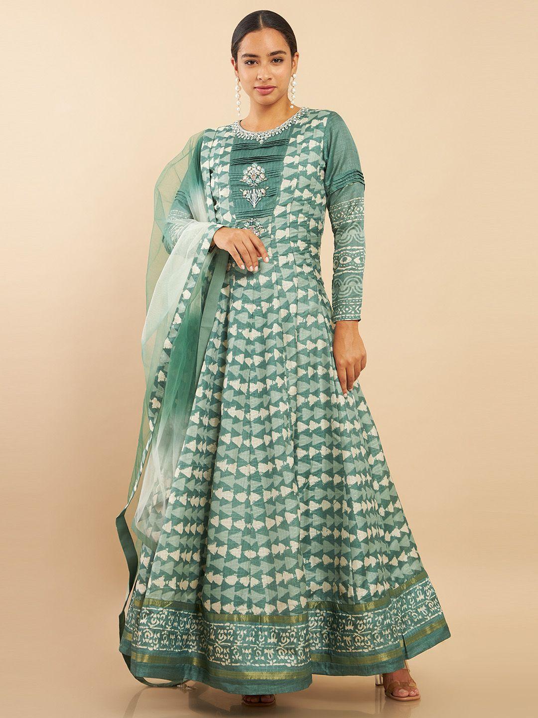 soch-women-brown-embroidered-panelled-silk-kurta-set