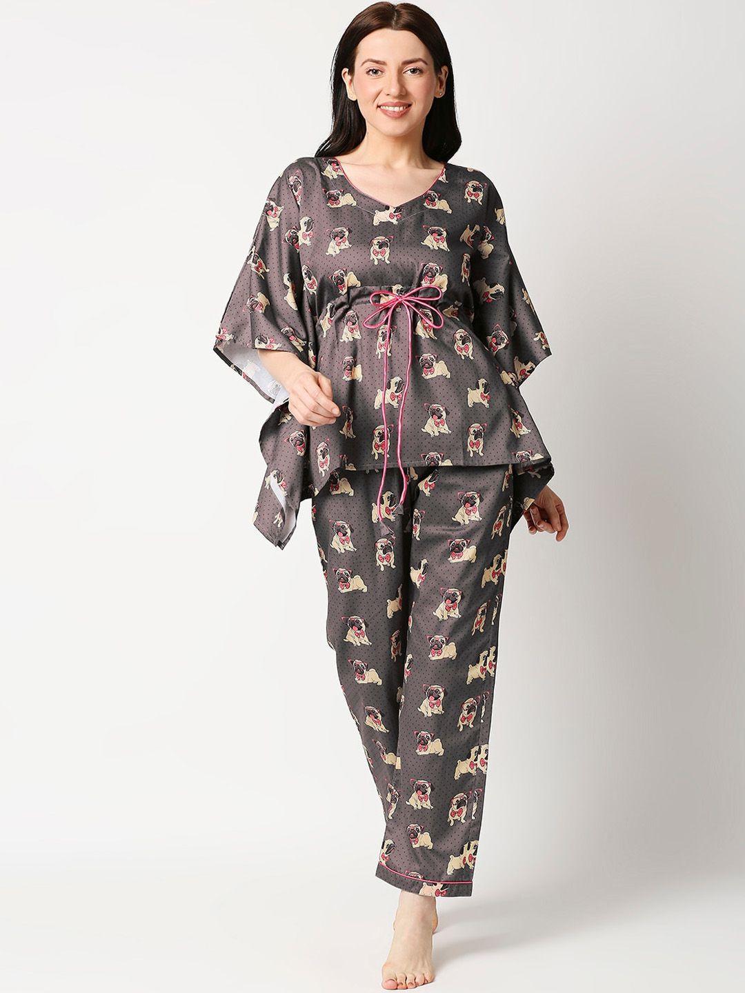 pyjama-party-women-brown-&-beige-printed-cotton-night-suit