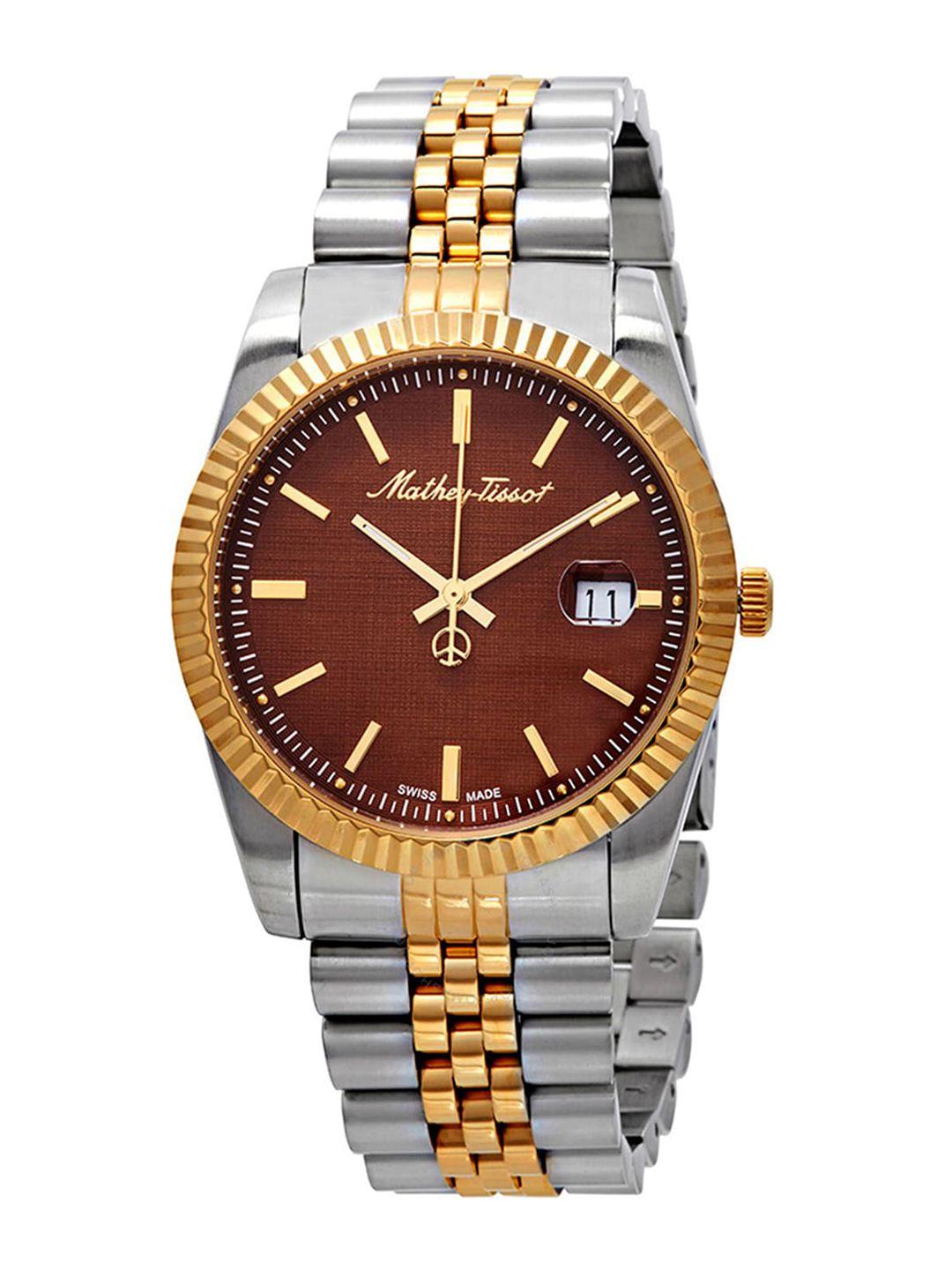 mathey-tissot-men-brown-brass-dial-&-silver-toned-steel-straps-analogue-watch-h810bm