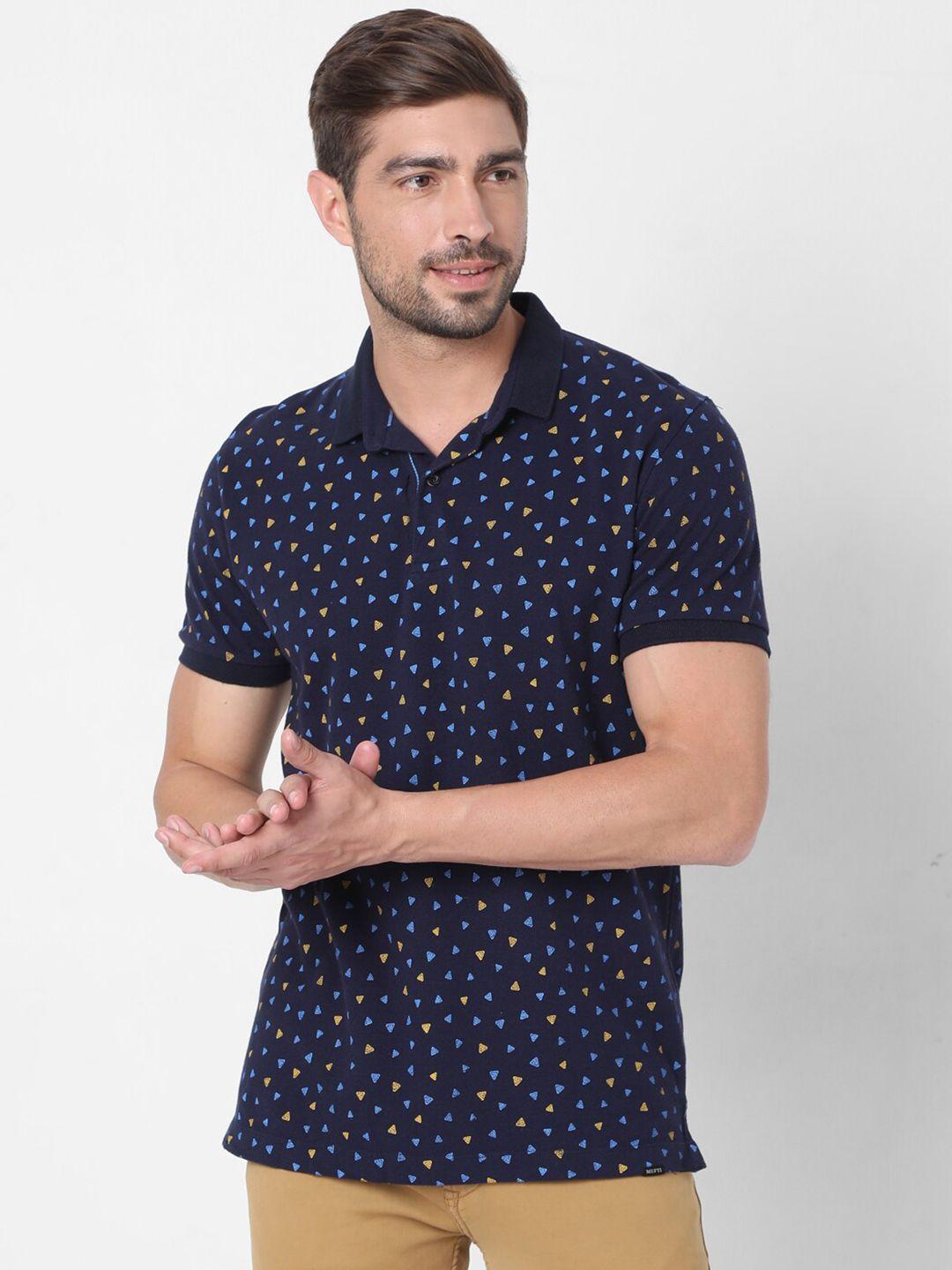 mufti-men-navy-blue-geometric-printed-polo-collar-slim-fit-pure-cotton-t-shirt