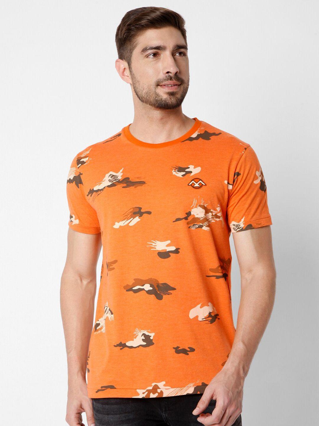 mufti-men-rust-orange-printed-slim-fit-t-shirt
