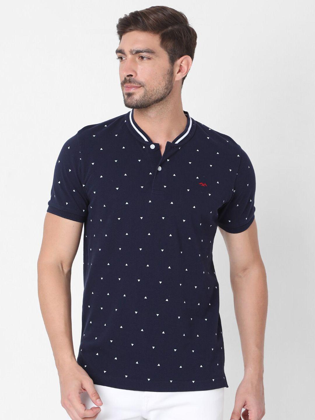 mufti-men-navy-blue-printed-mandarin-collar-pure-cotton-slim-fit-t-shirt