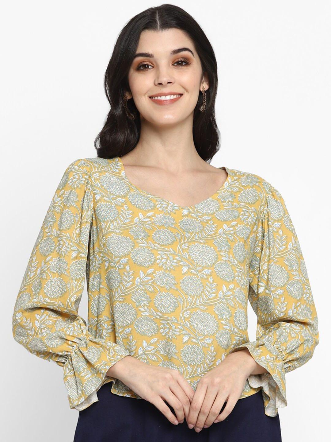 deebaco-mustard-yellow-floral-printed-pure-cotton-top-with-frilled-cuffed-sleeve
