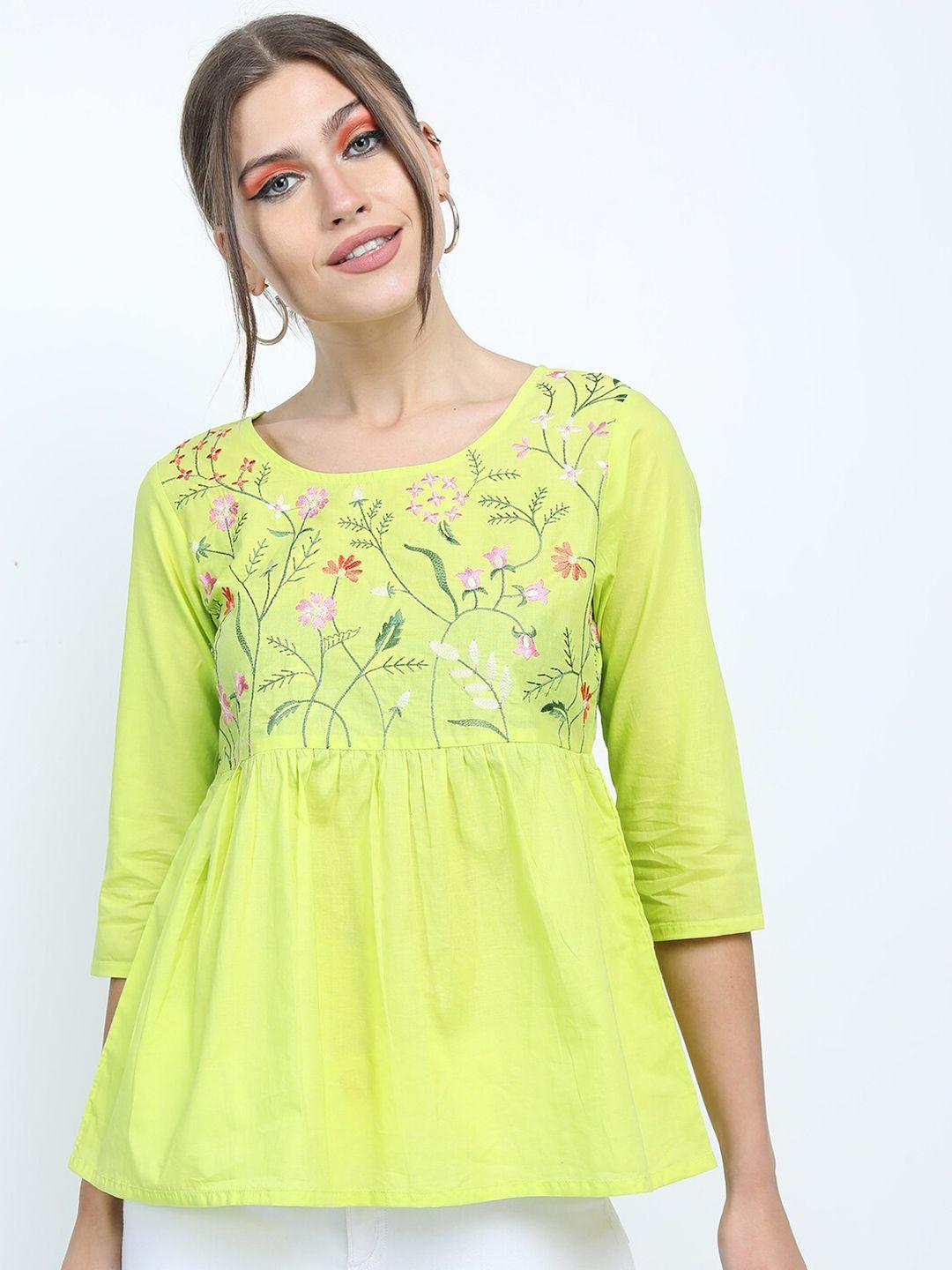vishudh-lime-green-floral-embroidered-pure-cotton-top