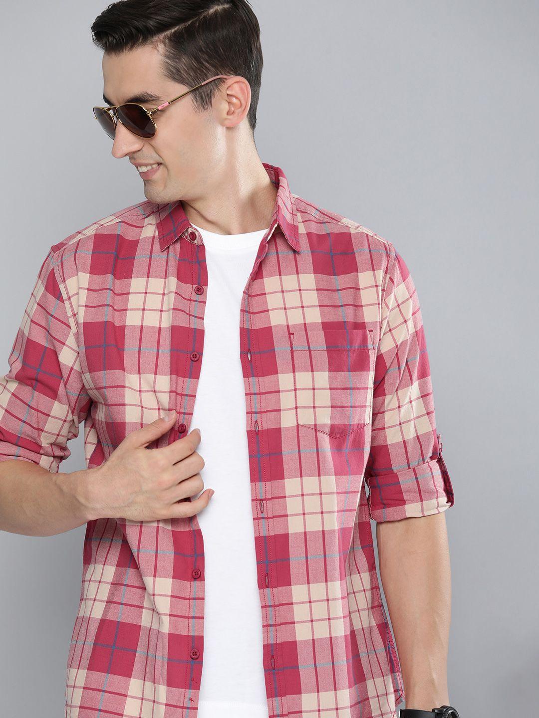here&now-men-maroon-&-beige-slim-fit-checked-sustainable-casual-pure-cotton-shirt